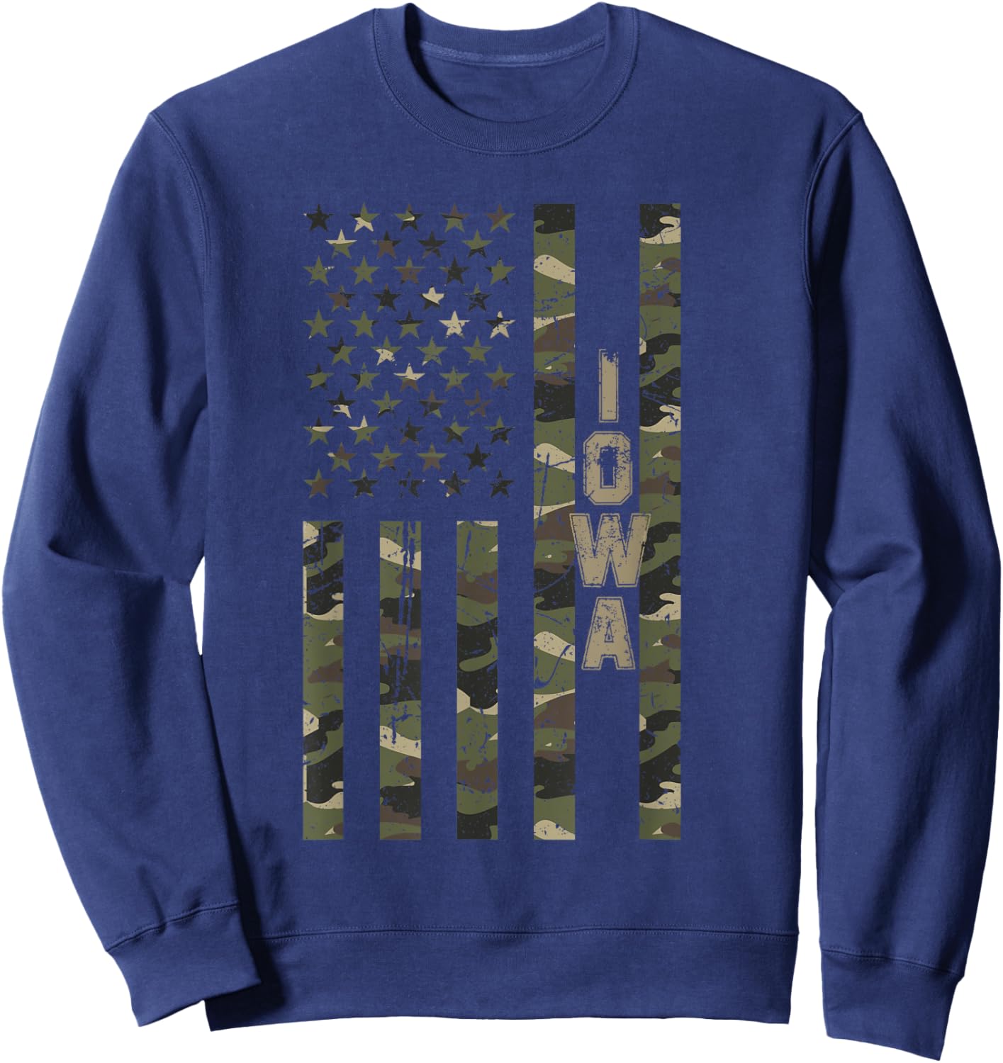 Iowa United States Distressed Camo w US Flag Sweatshirt - Sweatshirt | Navy