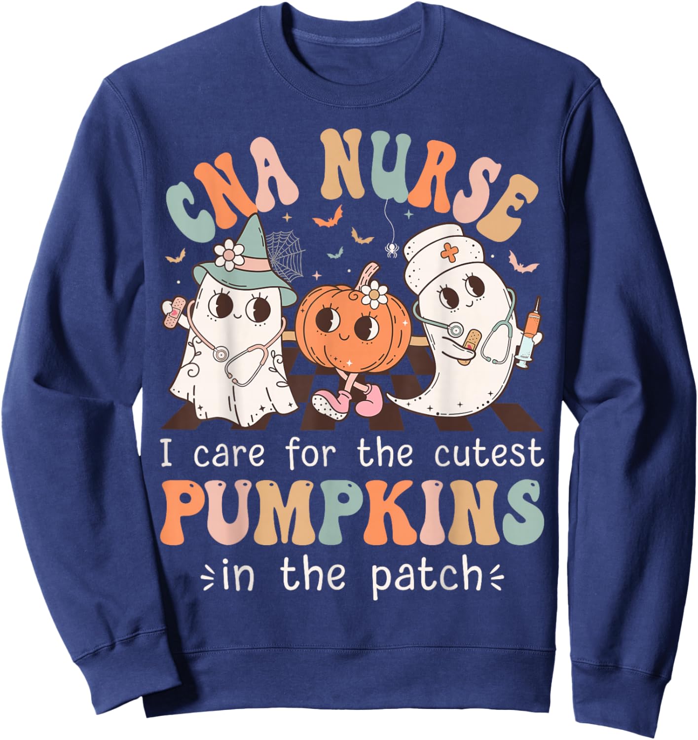Groovy CNA Boo Crew Funny Nursing Assistant Halloween Sweatshirt - Sweatshirt | Navy