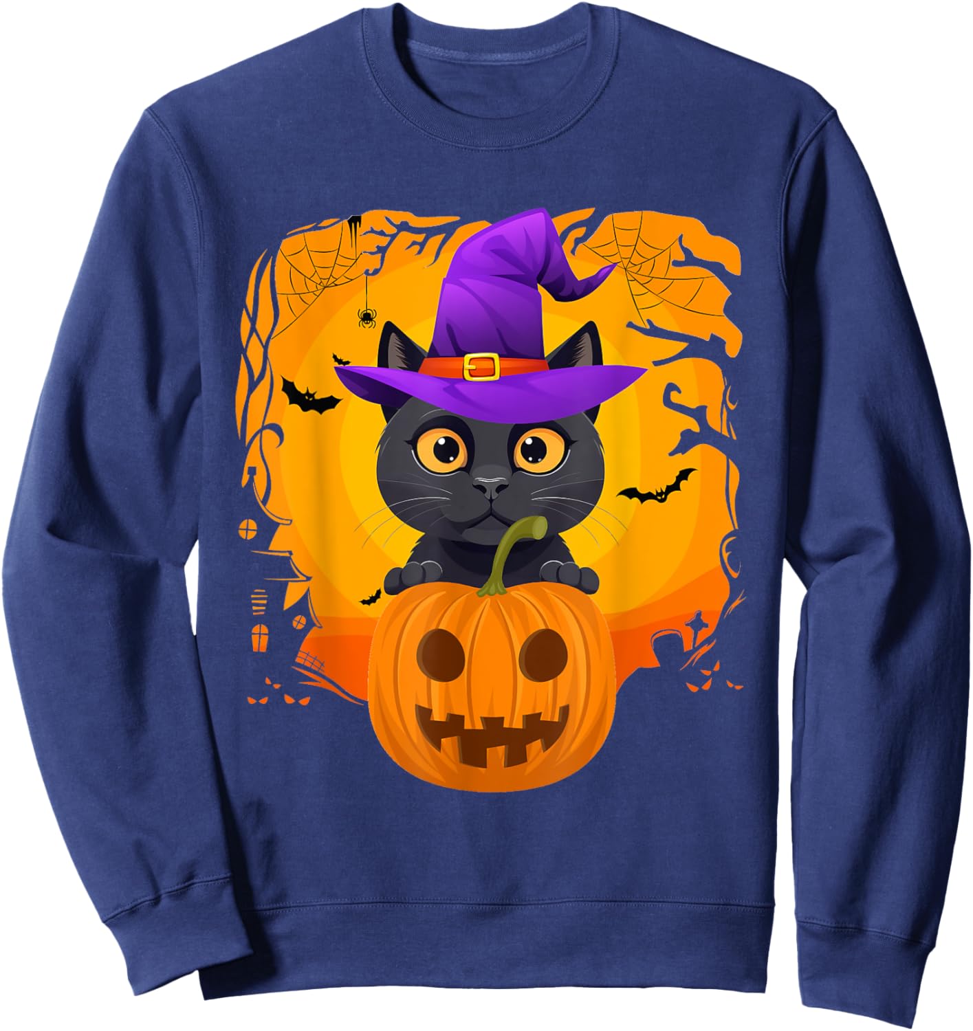 Cute Black Cat Halloween Pumpkin Costume witch Hat Kids Sweatshirt - Sweatshirt | Navy