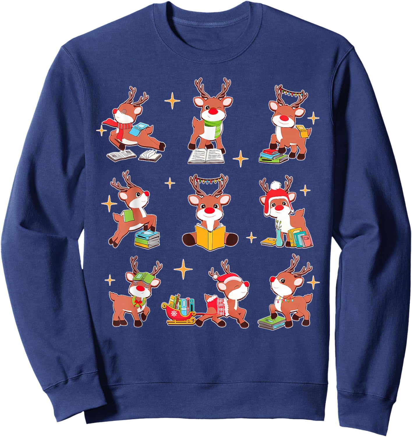 Funny Cute Reindeer Reading Teacher Christmas Book Lover Sweatshirt - Sweatshirt | Navy