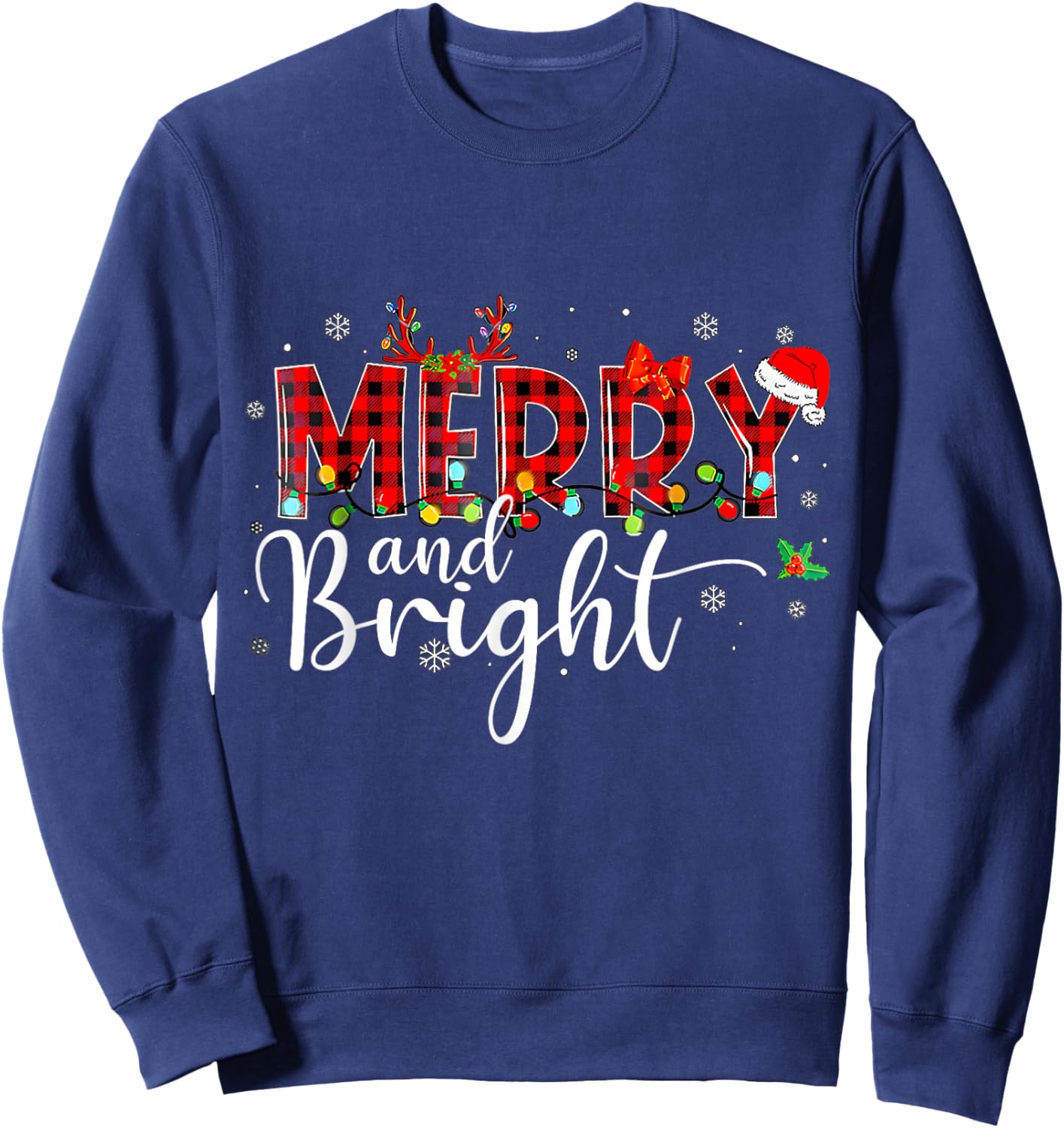 Merry and Bright Buffalo Plaid Red Santa Hat Xmas Pajamas Sweatshirt - Sweatshirt | Navy