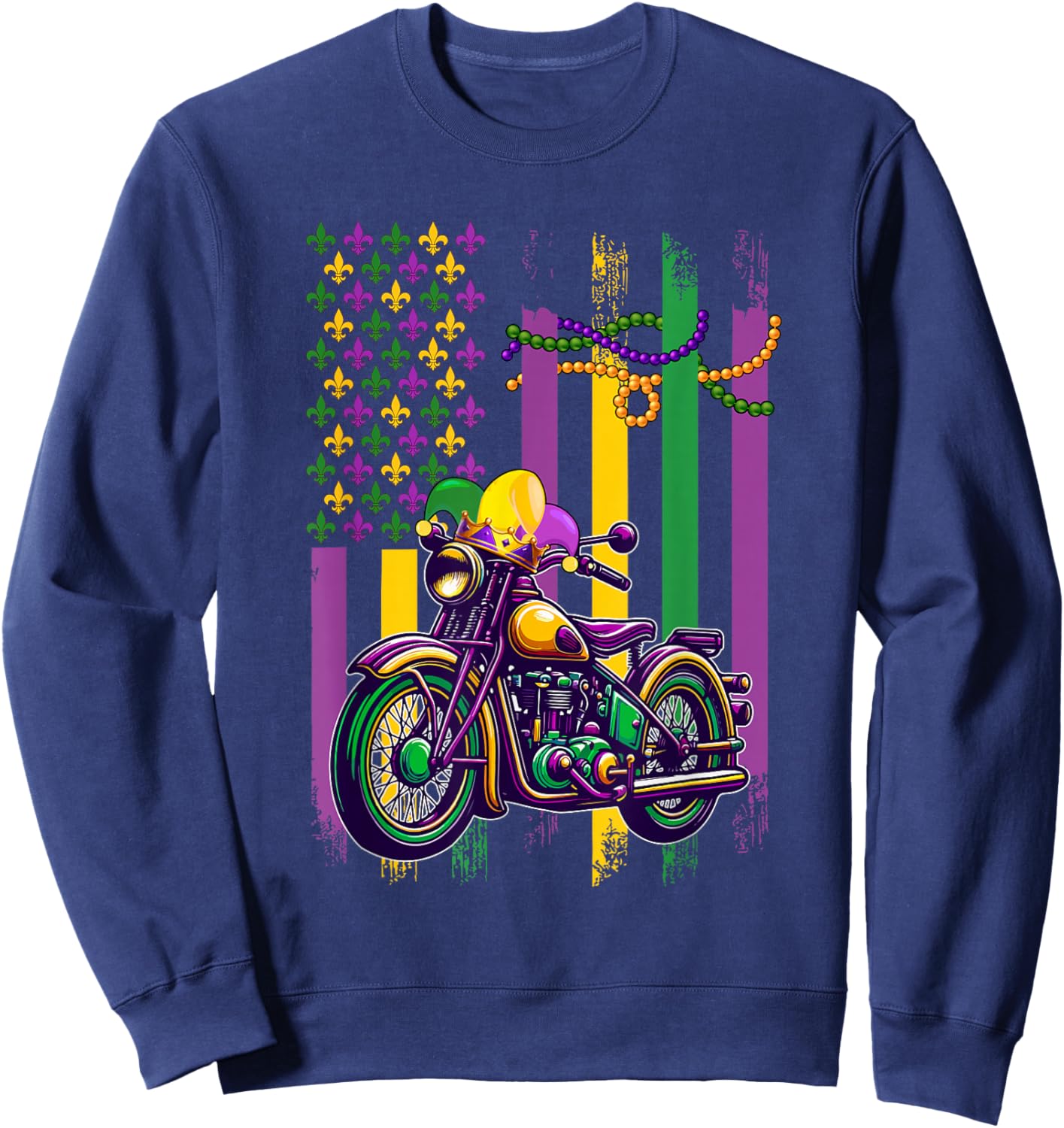American Flag Mardi Gras Motorcycle Wearing Jester Hat Beads Sweatshirt - Sweatshirt | Navy