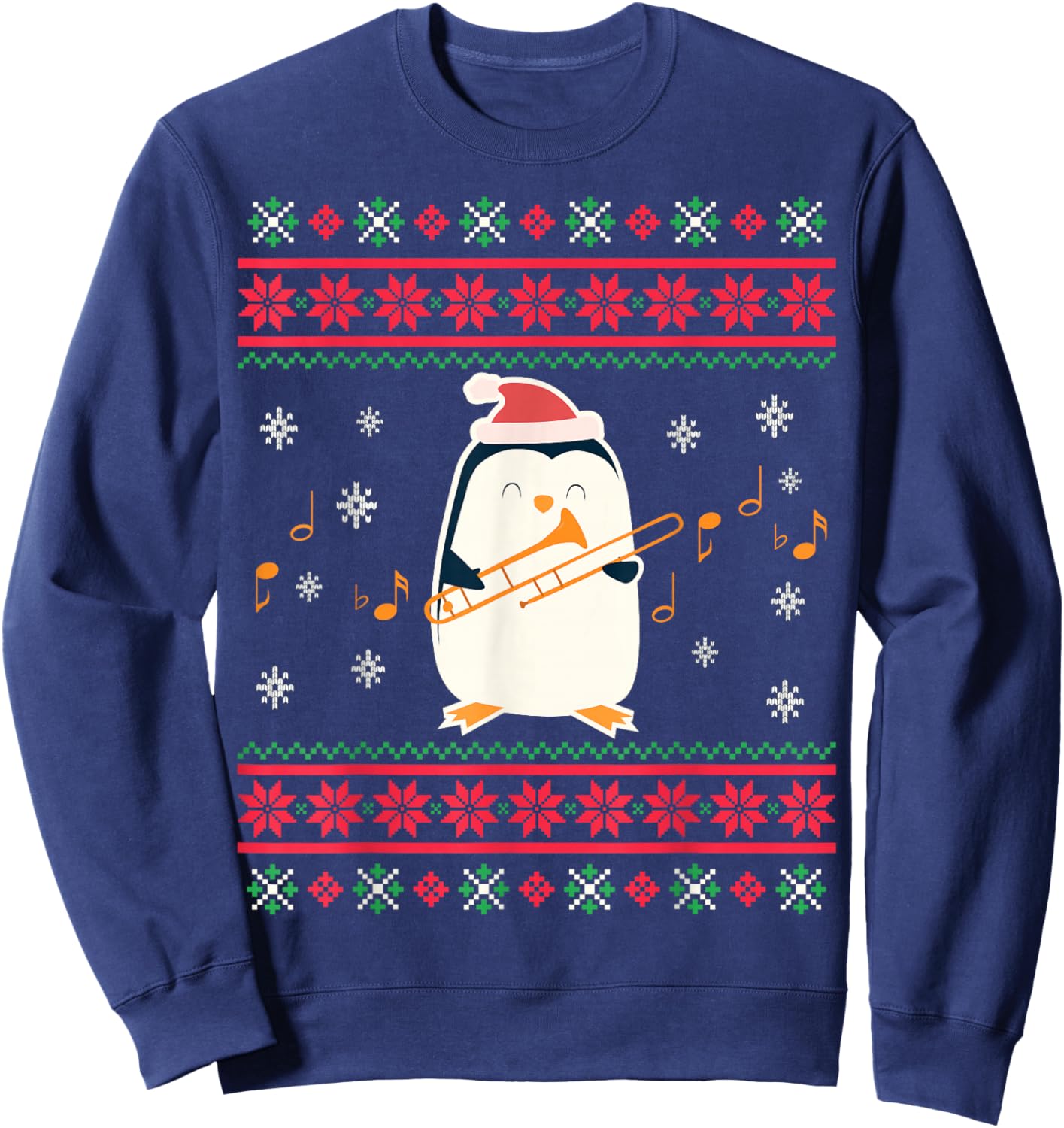 Santa Hat Penguin Playing Trombone Ugly Christmas Trombonist Sweatshirt - Sweatshirt | Navy
