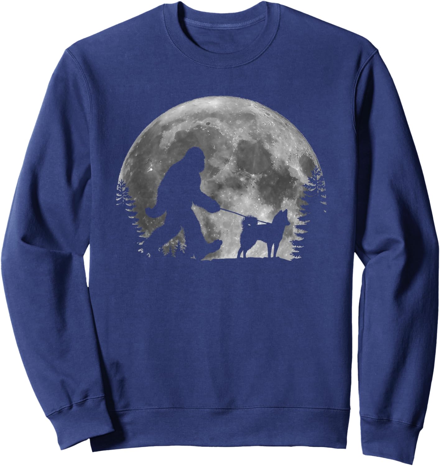 Bigfoot Walking a Dog Funny Alaskan Klee Kai Moon Halloween Sweatshirt - Sweatshirt | Navy