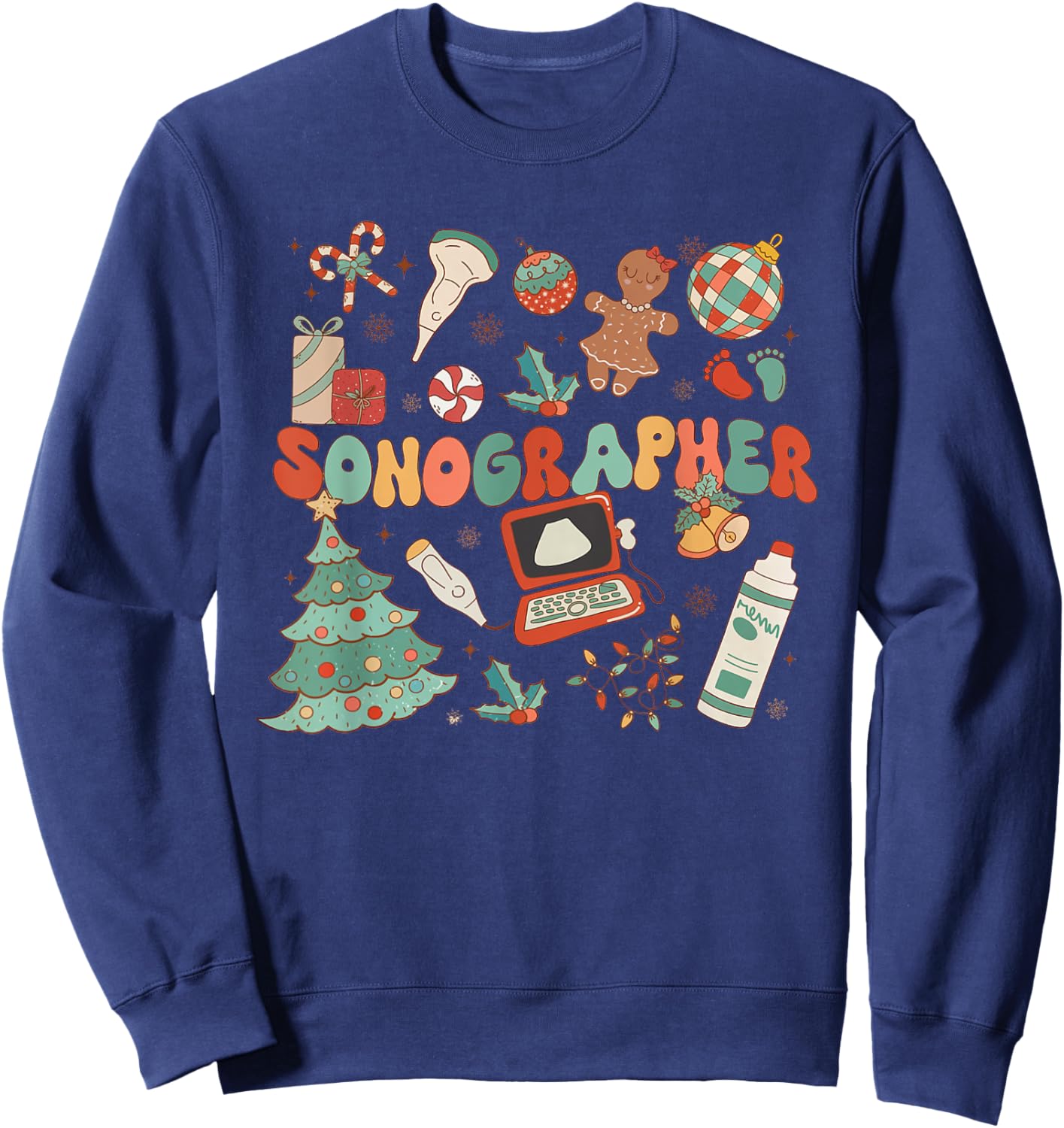 Groovy Retro Sonographer Christmas Ultrasound Tech Cardiac Sweatshirt - Sweatshirt | Navy