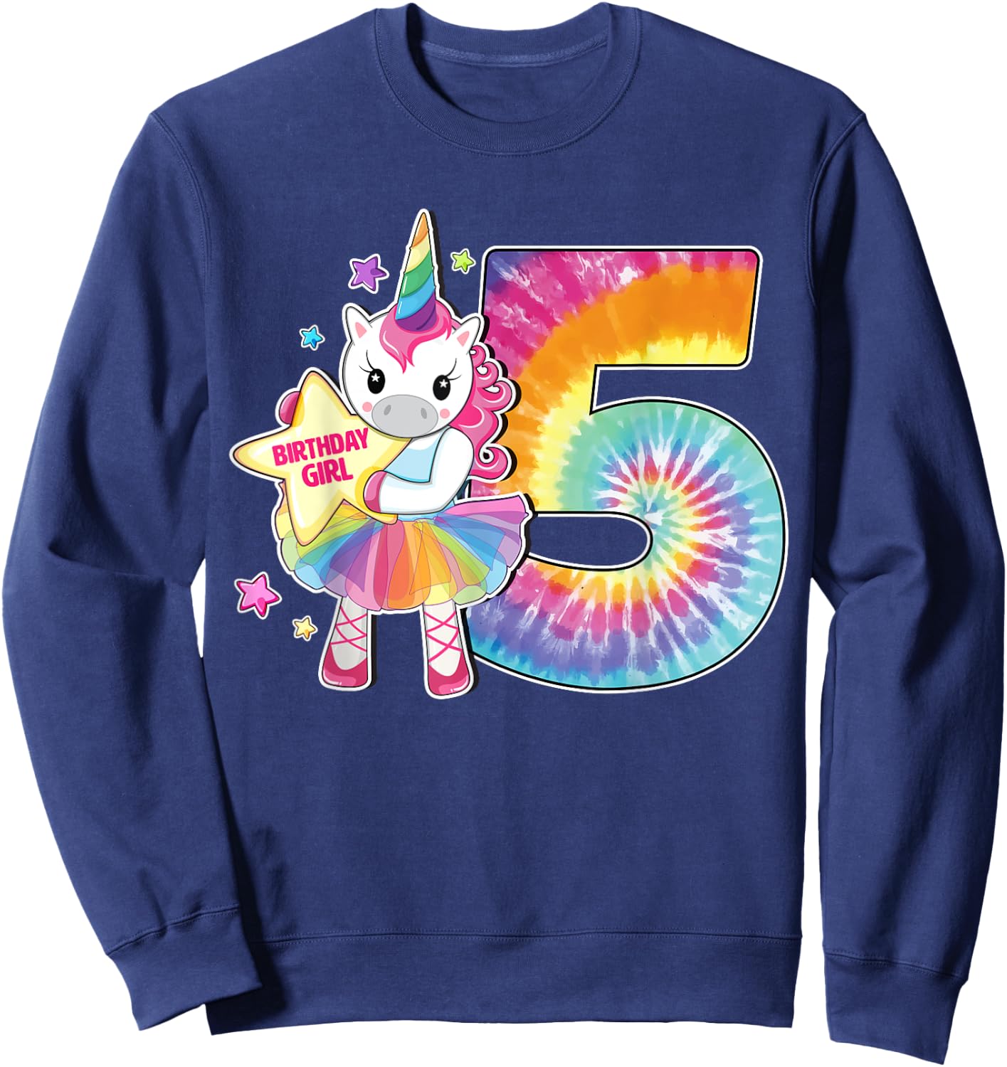 5th Birthday Unicorn Shirt Gift Girls Age 5 Tie Dye Sweatshirt - Sweatshirt | Navy