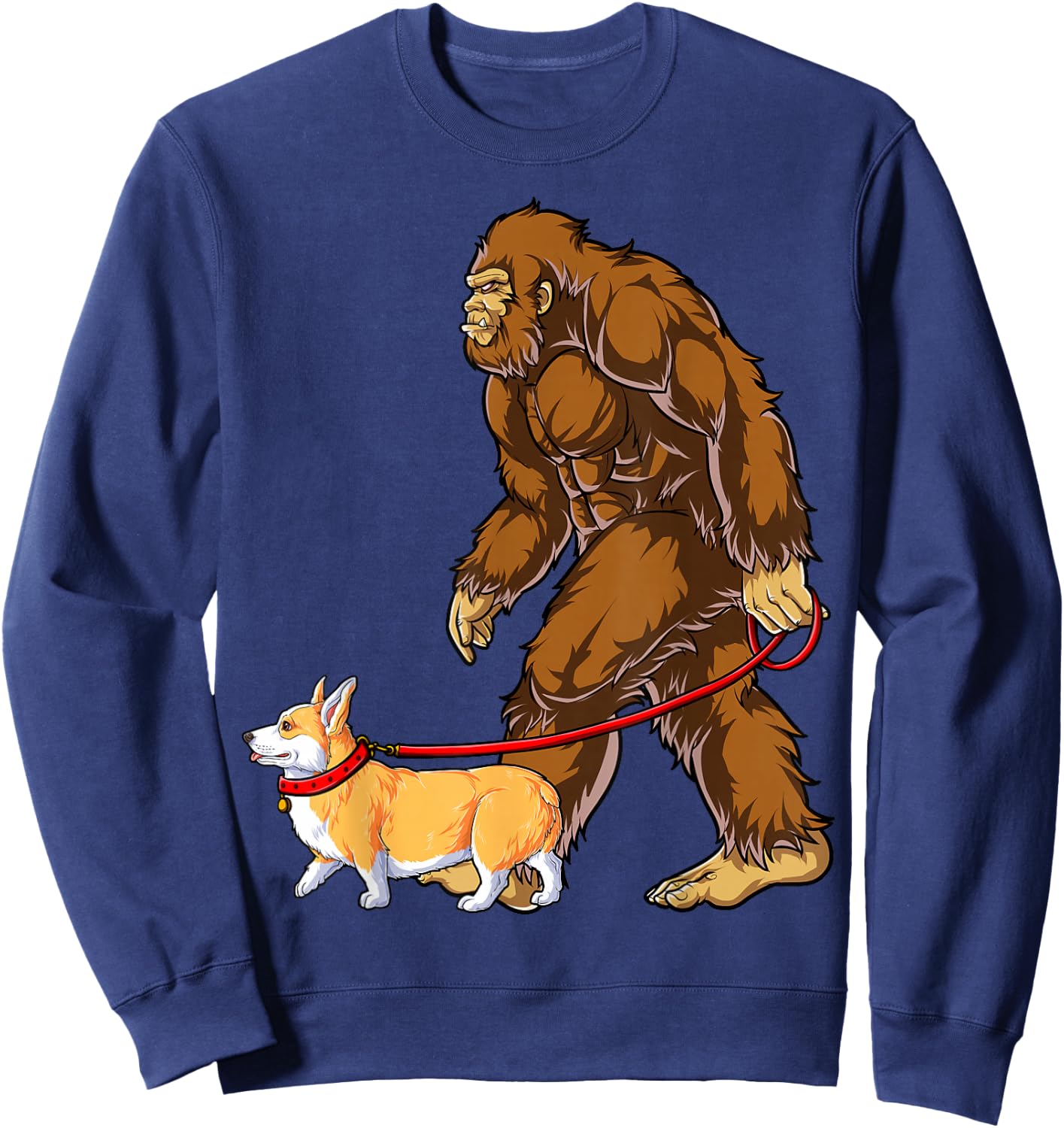 Bigfoot Dog Walk Corgi Funny Sasquatch Lovers Men Women Sweatshirt - Sweatshirt | Navy