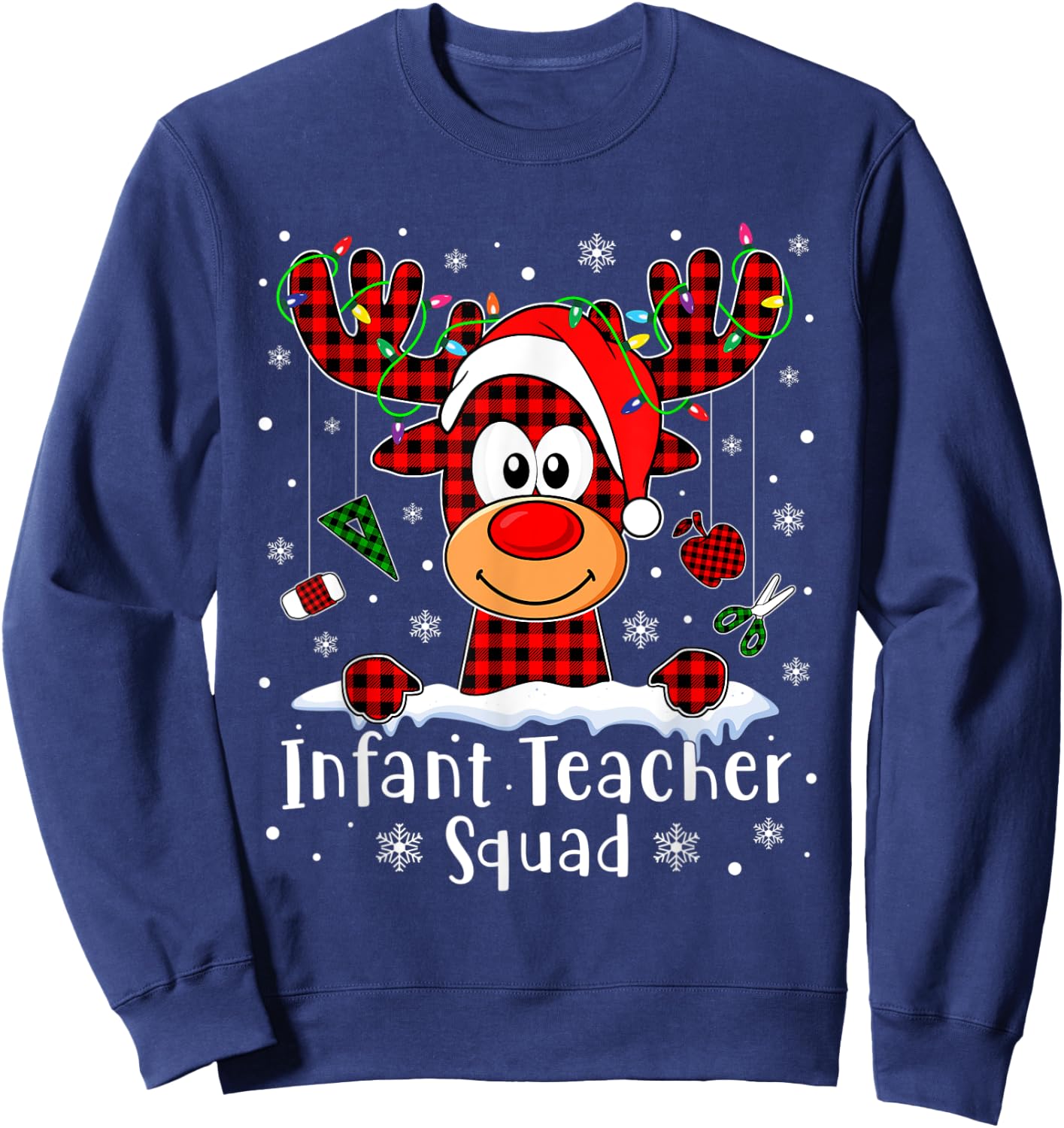 Infant Teacher Squad Reindeer Xmas Buffalo Plaid Christmas Men Women Sweatshirt - Sweatshirt | Navy