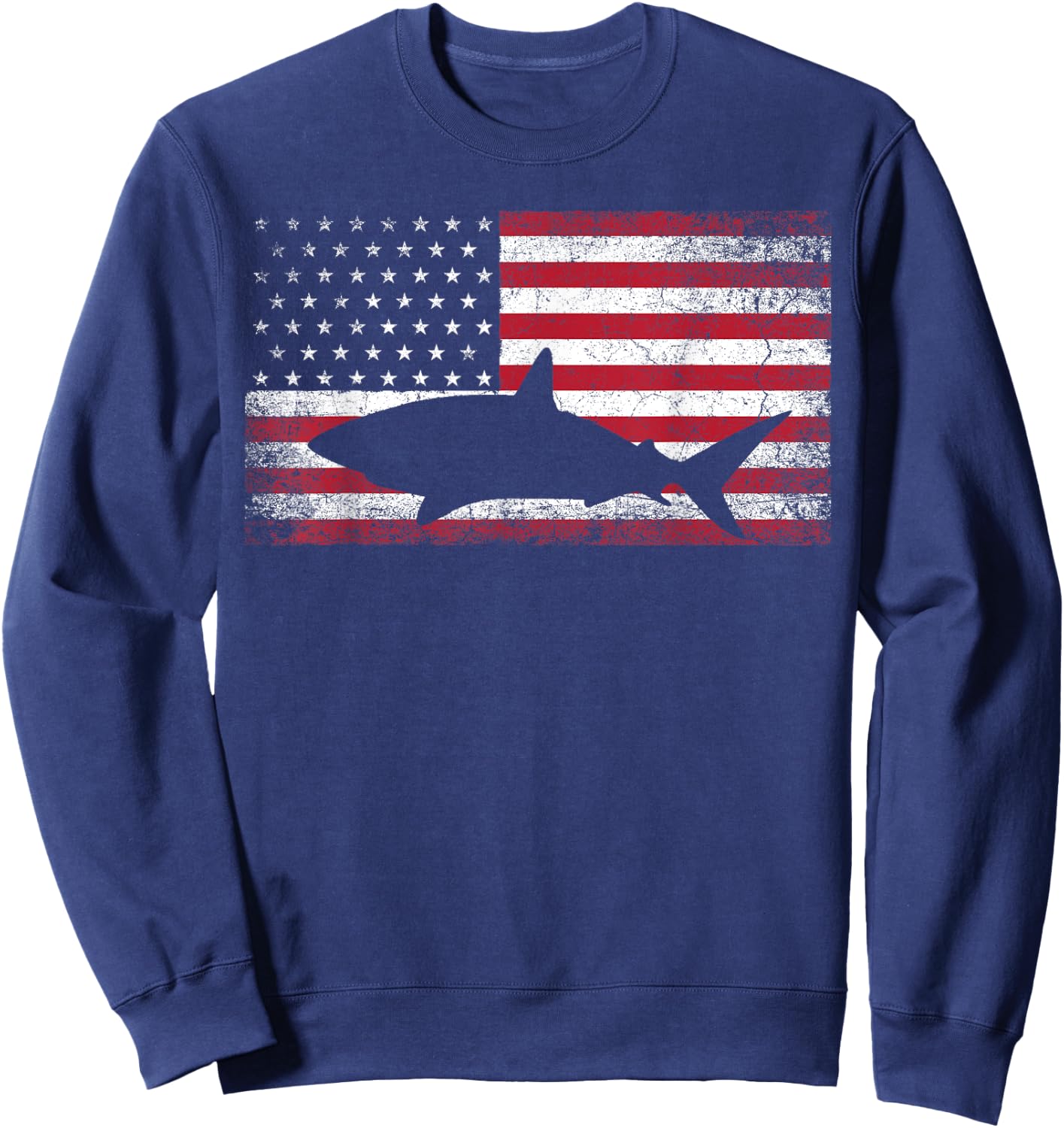 Vintage Shark Lover Fishing Diving July 4th American Flag Sweatshirt - Sweatshirt | Navy