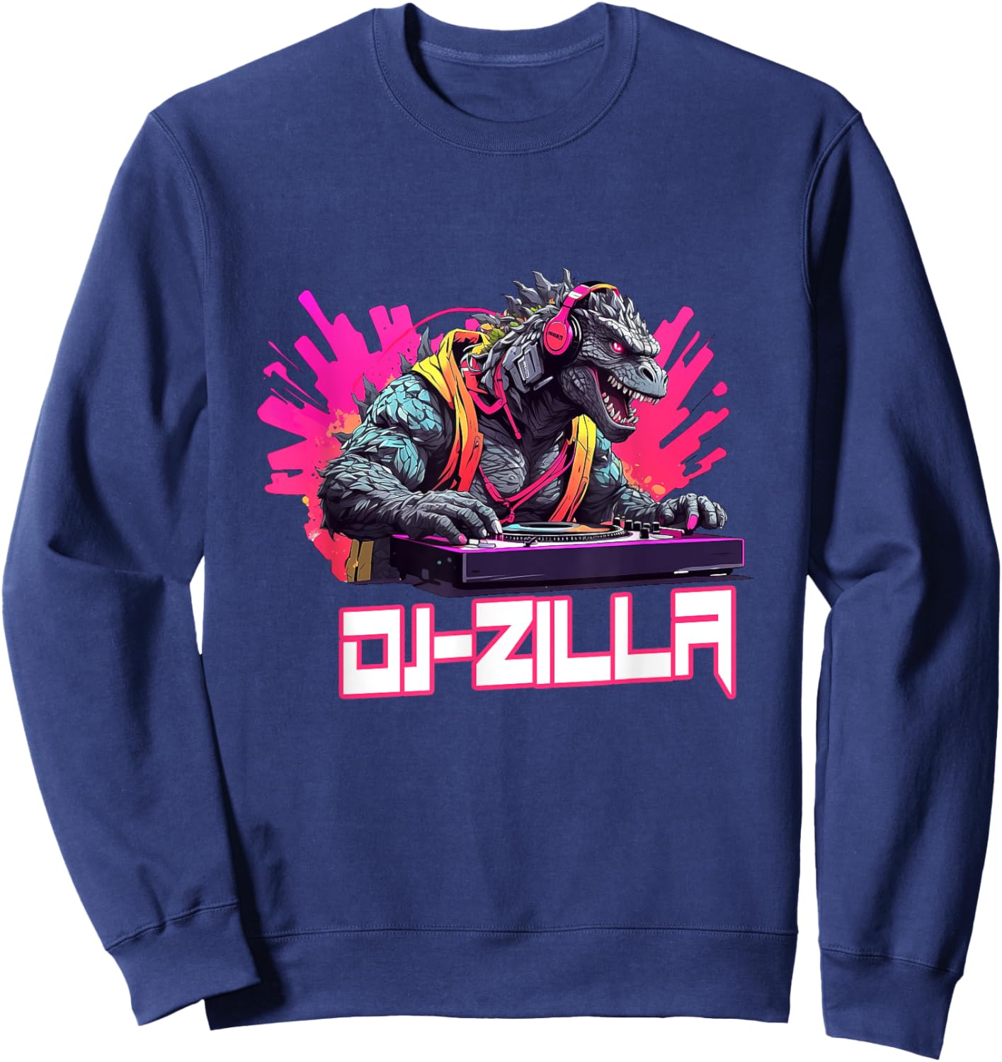 Japanese Monster Kaiju Dj-Zilla With Headphones Spinning Sweatshirt - Sweatshirt | Navy