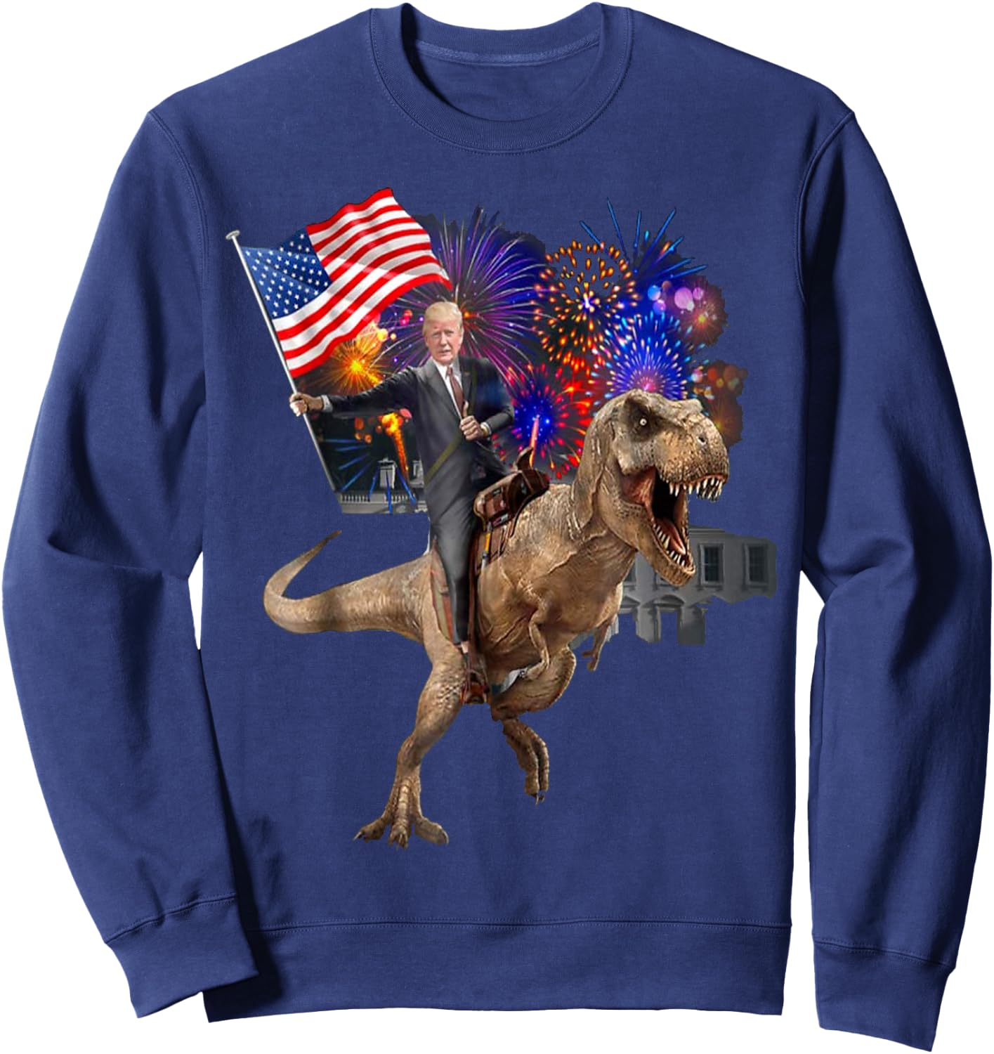 Trump Riding a Dinosaur T-rex Suppor Trump 2020 Sweatshirt - Sweatshirt | Navy