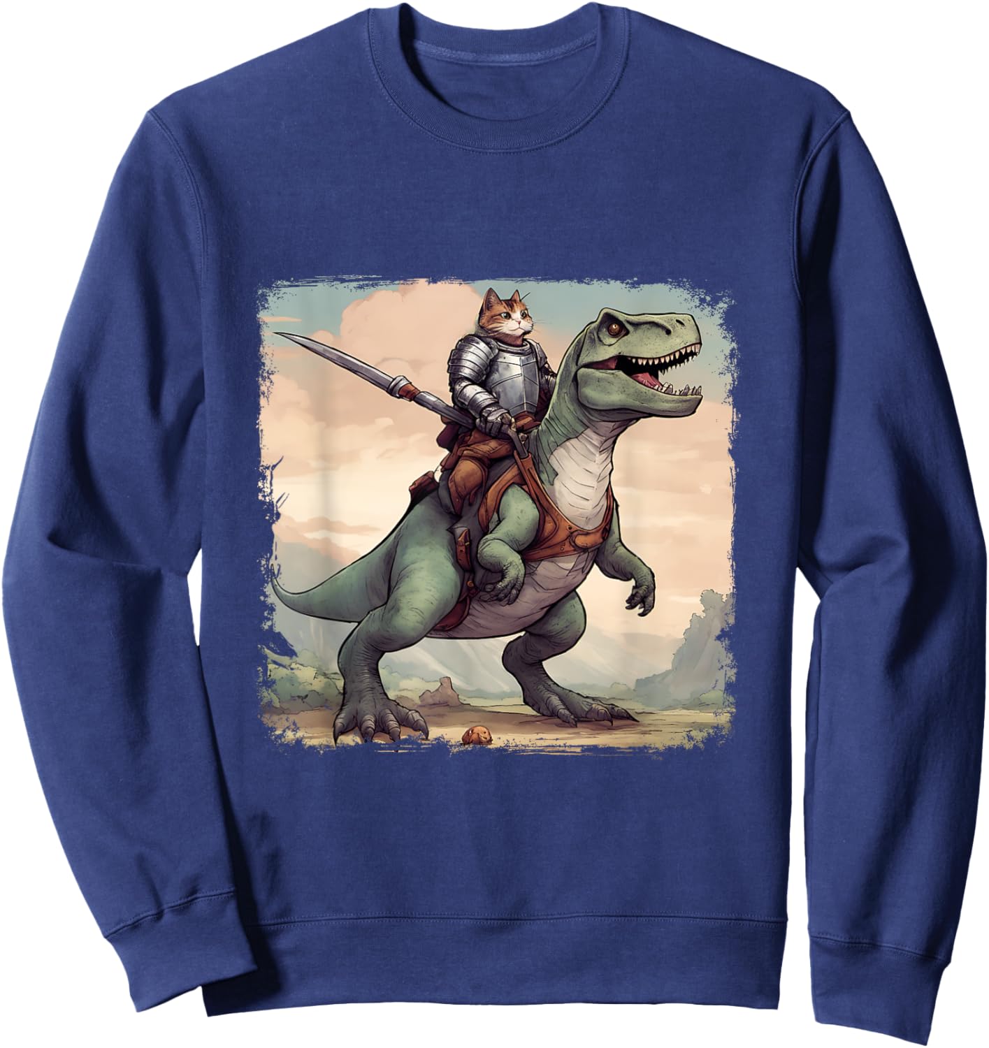 Cat Knight riding a T-Rex. Fun Men Women Sweatshirt - Sweatshirt | Navy