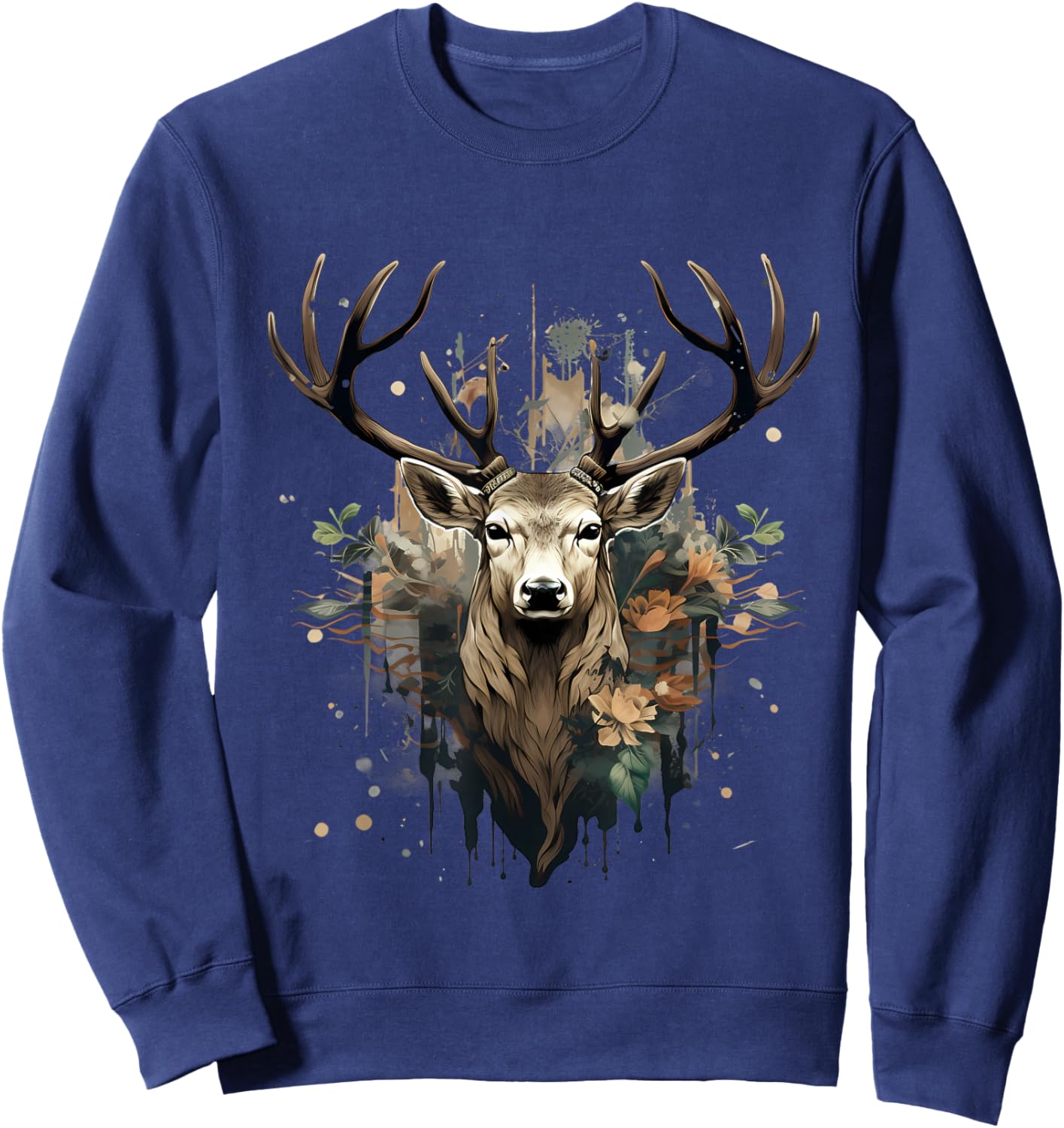 Deer Portrait Floral Artwork Wildlife Nature Animal Lovers Sweatshirt - Sweatshirt | Navy
