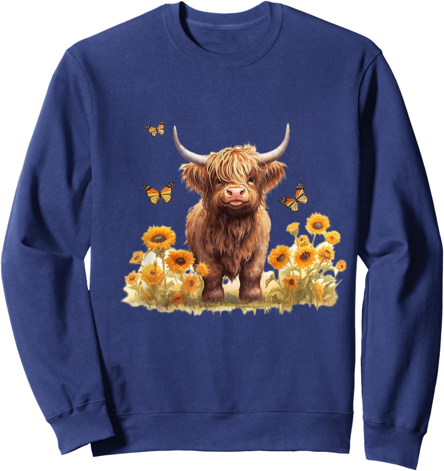 Cute Highland cow with sunflowers country Heifer Farm Farmer Sweatshirt - Sweatshirt | Navy
