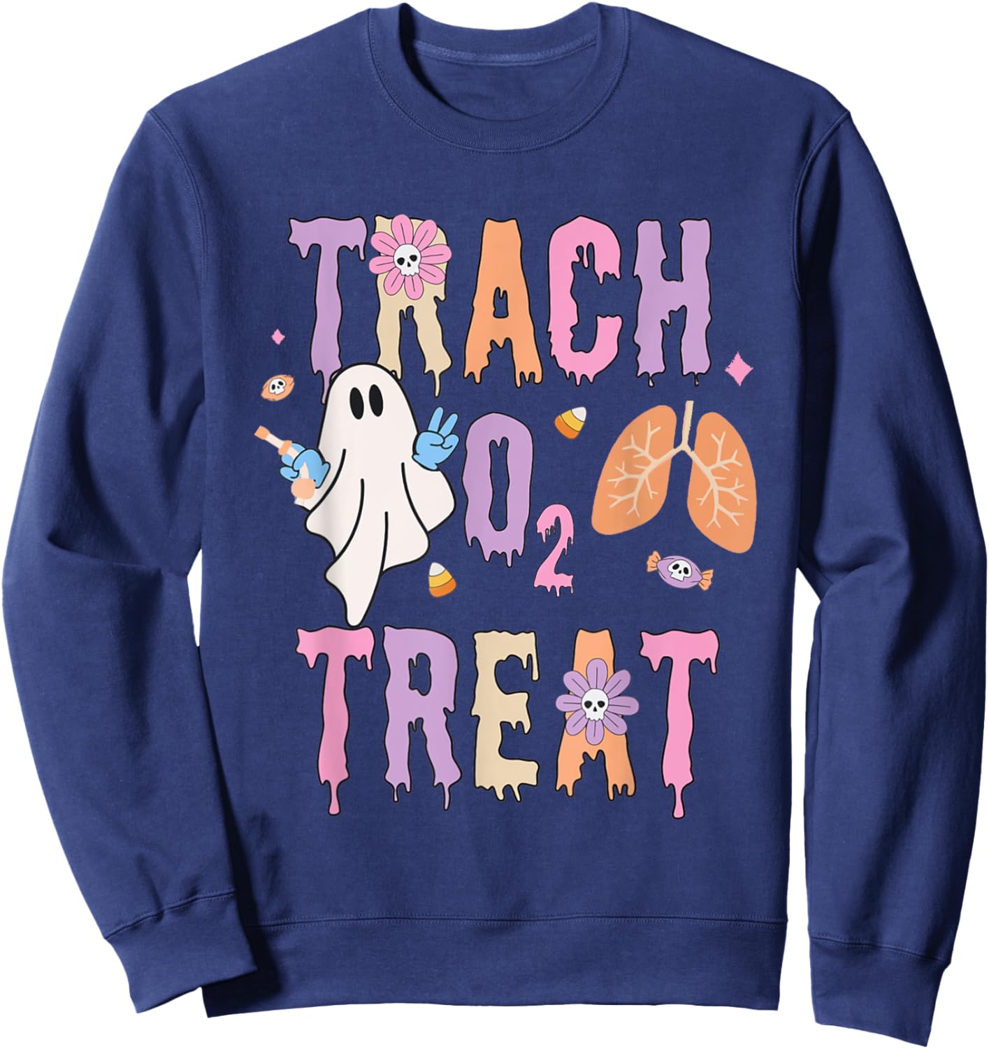 Trach or Treat Halloween Respiratory Therapist Pulmonary Sweatshirt - Sweatshirt | Navy