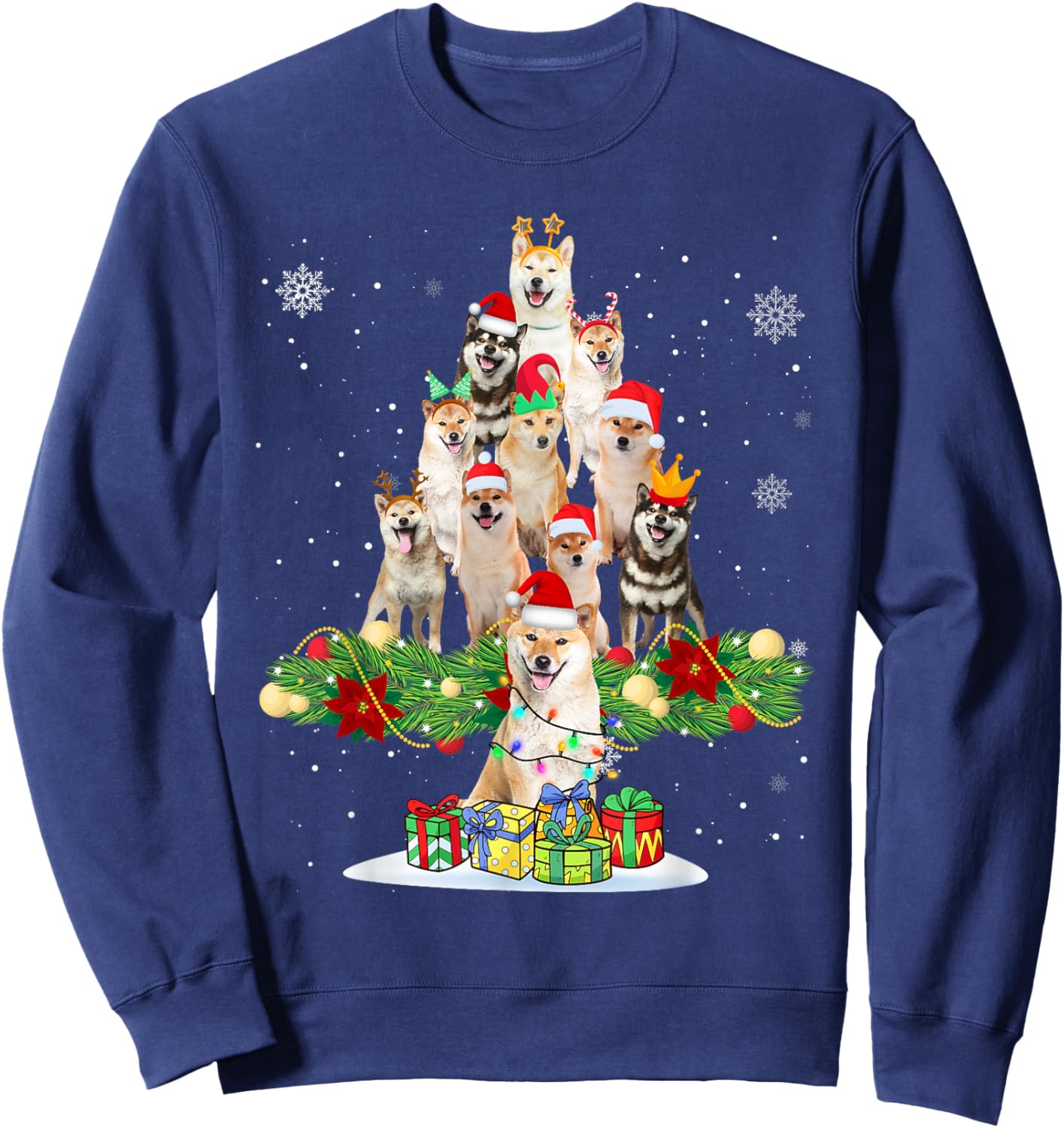 Ugly Sweater Christmas Tree Shiba Inu Dog Xmas Lights Sweatshirt - Sweatshirt | Navy