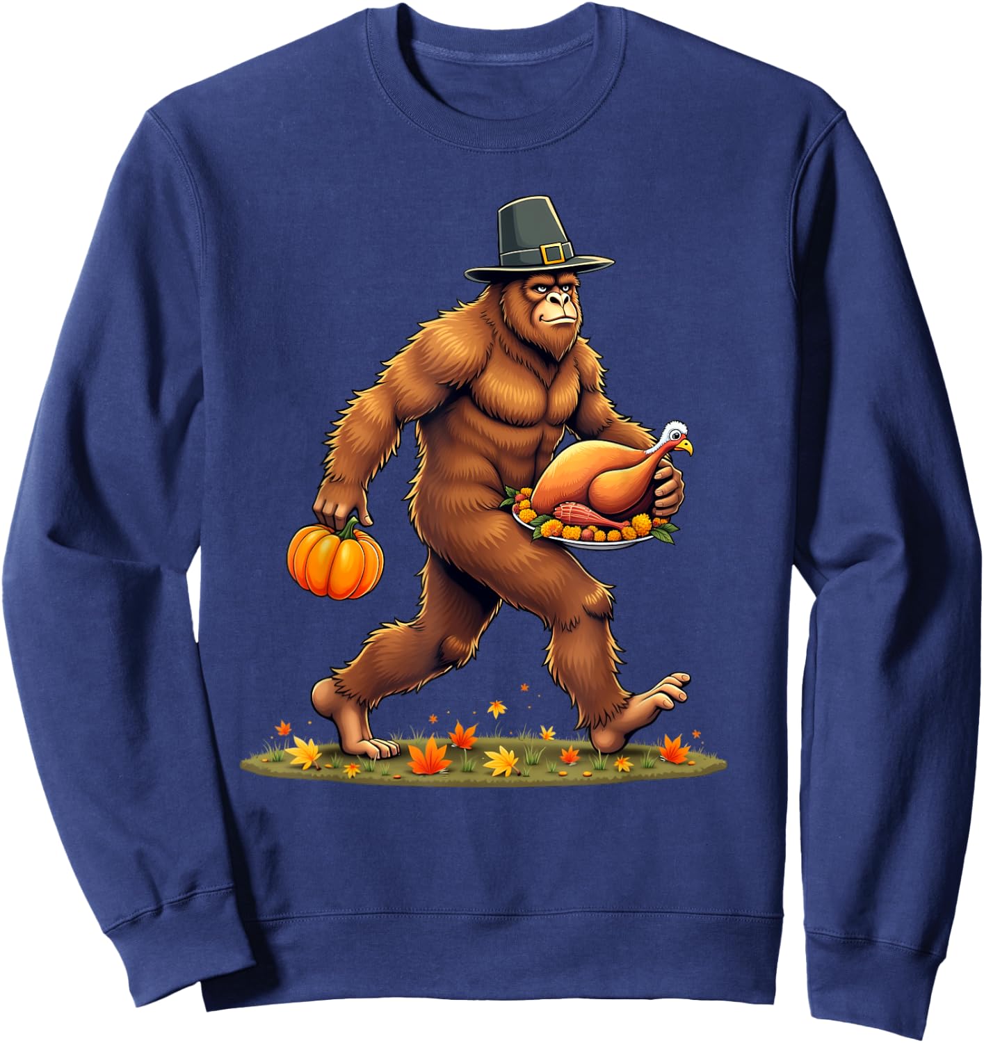 Funny Bigfoot Thanksgiving Day Pilgrim Turkey Pumpkin Sweatshirt - Sweatshirt | Navy