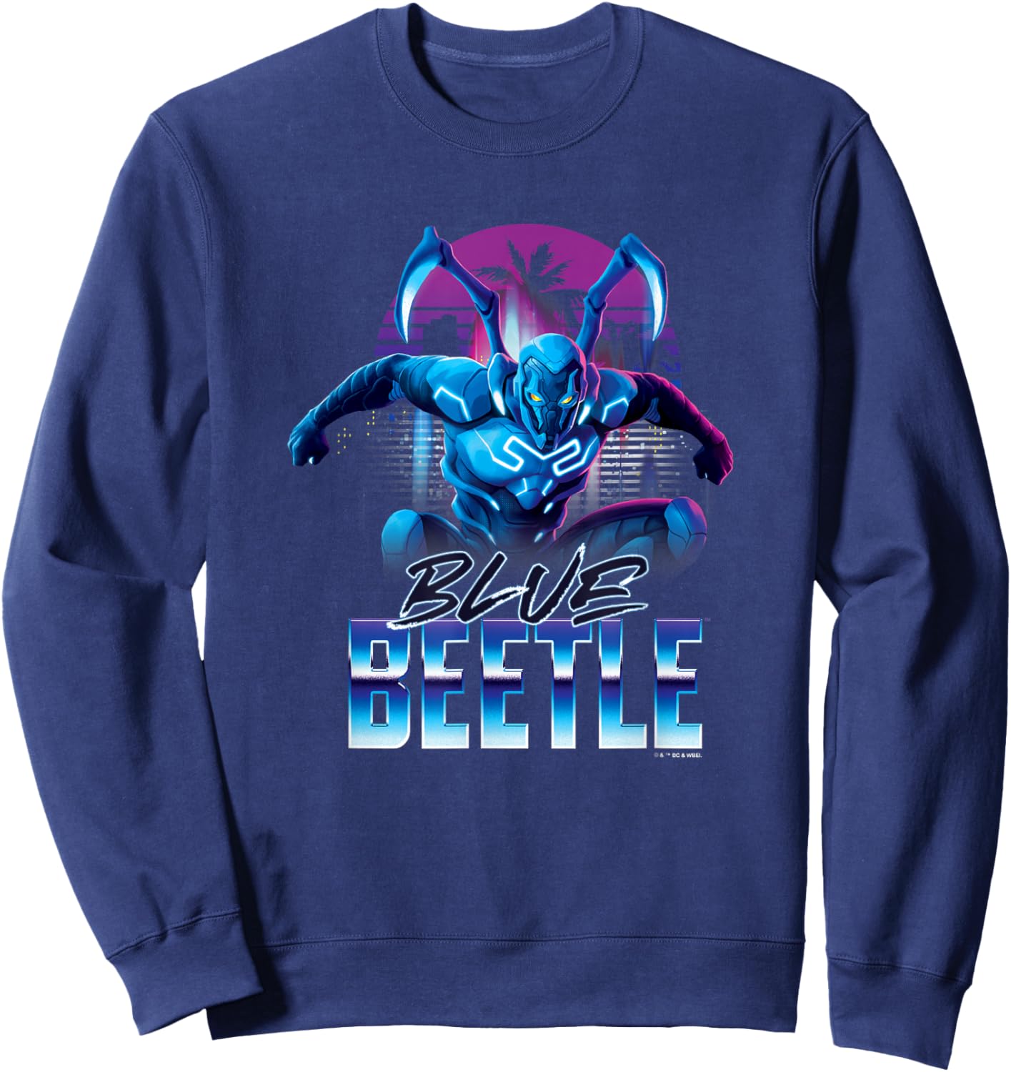 Blue Beetle Neon City Lights Super Hero Action Portrait Sweatshirt - Sweatshirt | Navy