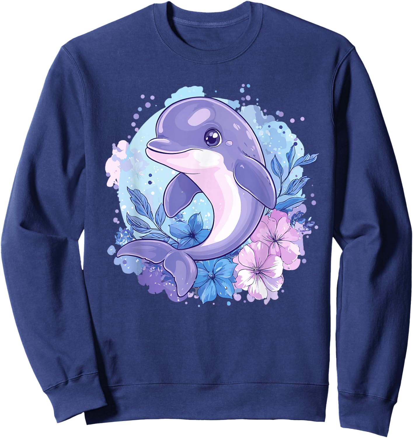 Adorable Dolphin Surrounded By Flowers Sweatshirt - Sweatshirt | Navy