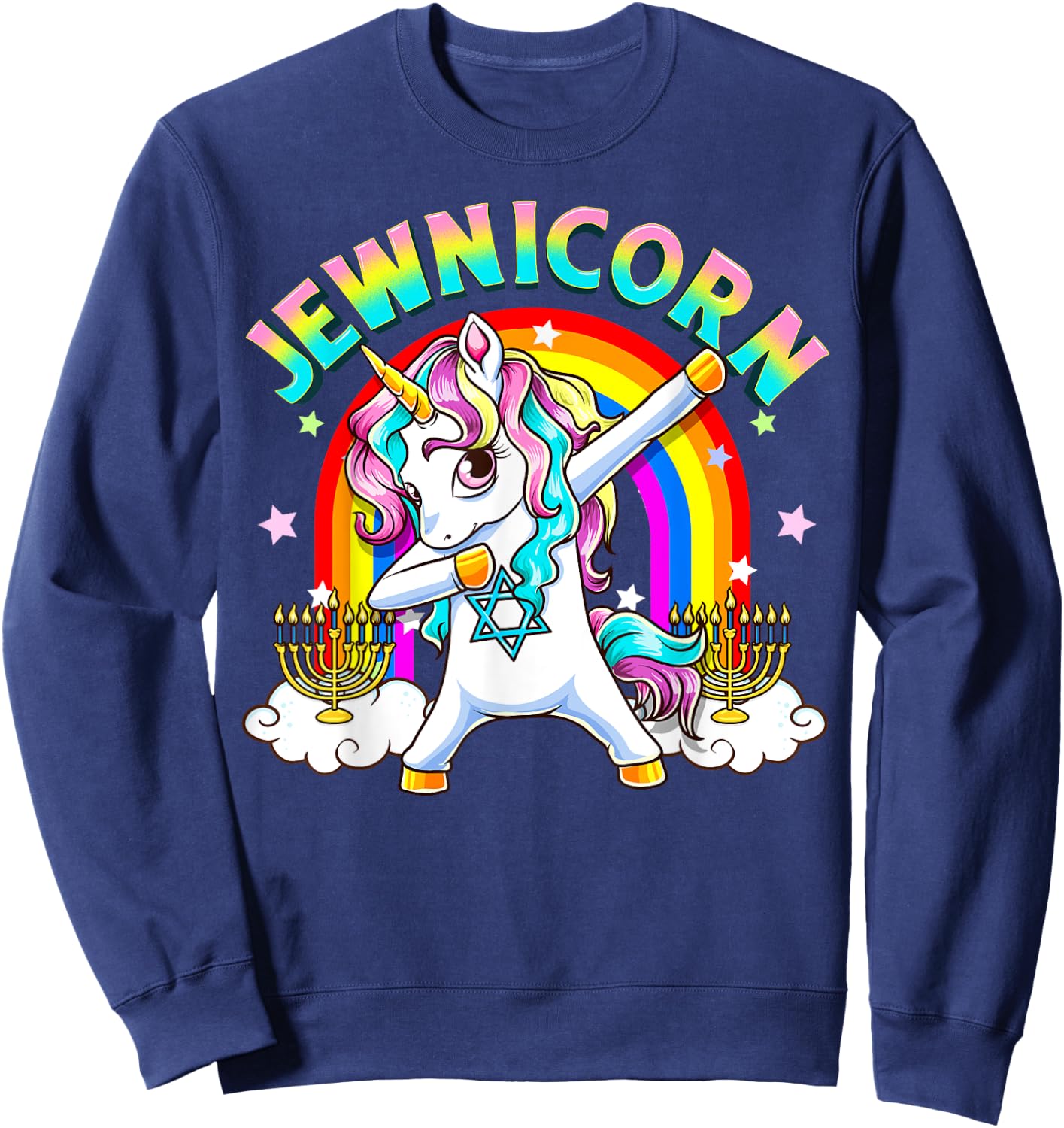 Jewnicorn Funny Cute Hanukkah Jewish Rainbow Unicorn Menorah Sweatshirt - Sweatshirt | Navy