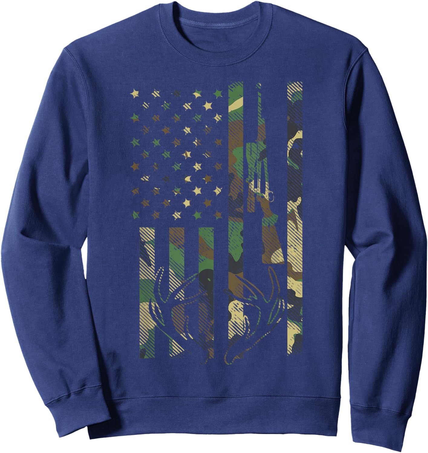 Camo American Flag Rifle Antler Deer Hunting Gun Hunter Gift Sweatshirt - Sweatshirt | Navy