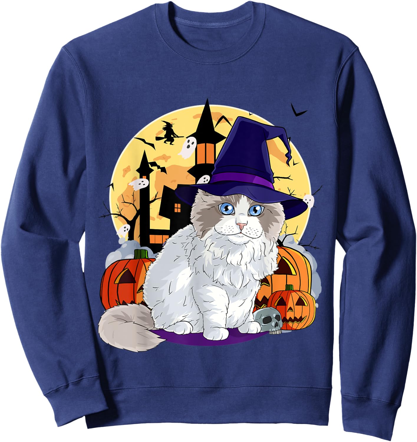 Cute Ragdoll Cat Halloween Witch Pumpkin Men Women Kids Sweatshirt - Sweatshirt | Navy