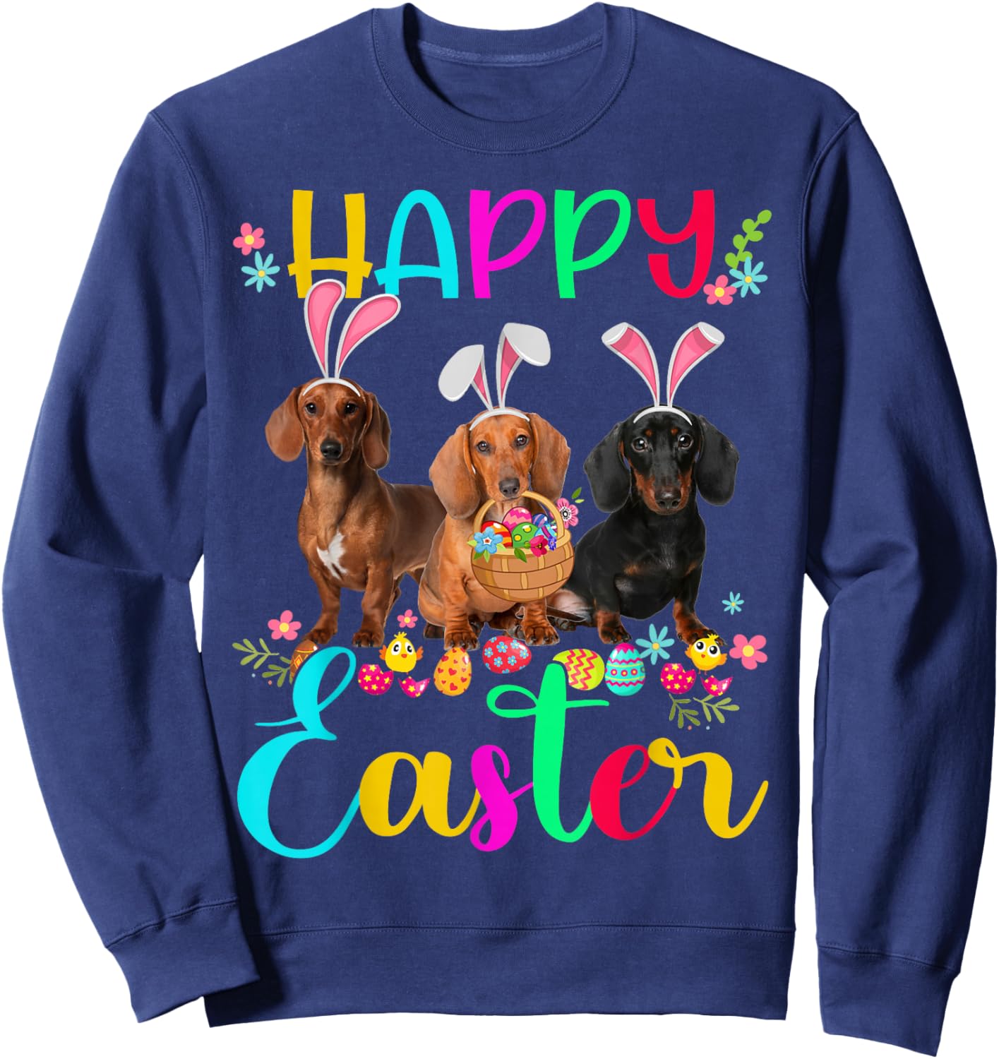Happy Easter Three Dachshund Wearing Bunny Ear Gifts Sweatshirt - Sweatshirt | Navy
