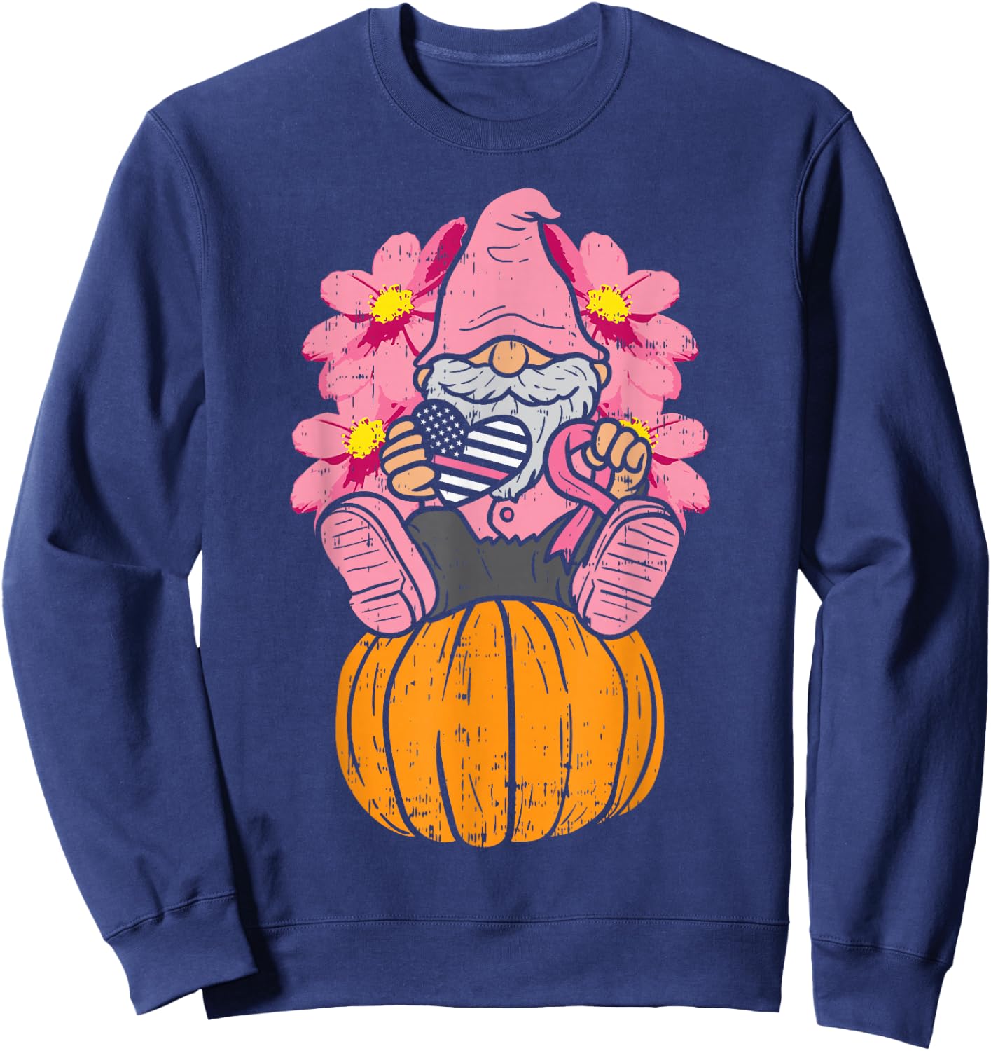 Gnome On Pumpkin Pink Ribbon Breast Cancer Halloween Gift Sweatshirt - Sweatshirt | Navy