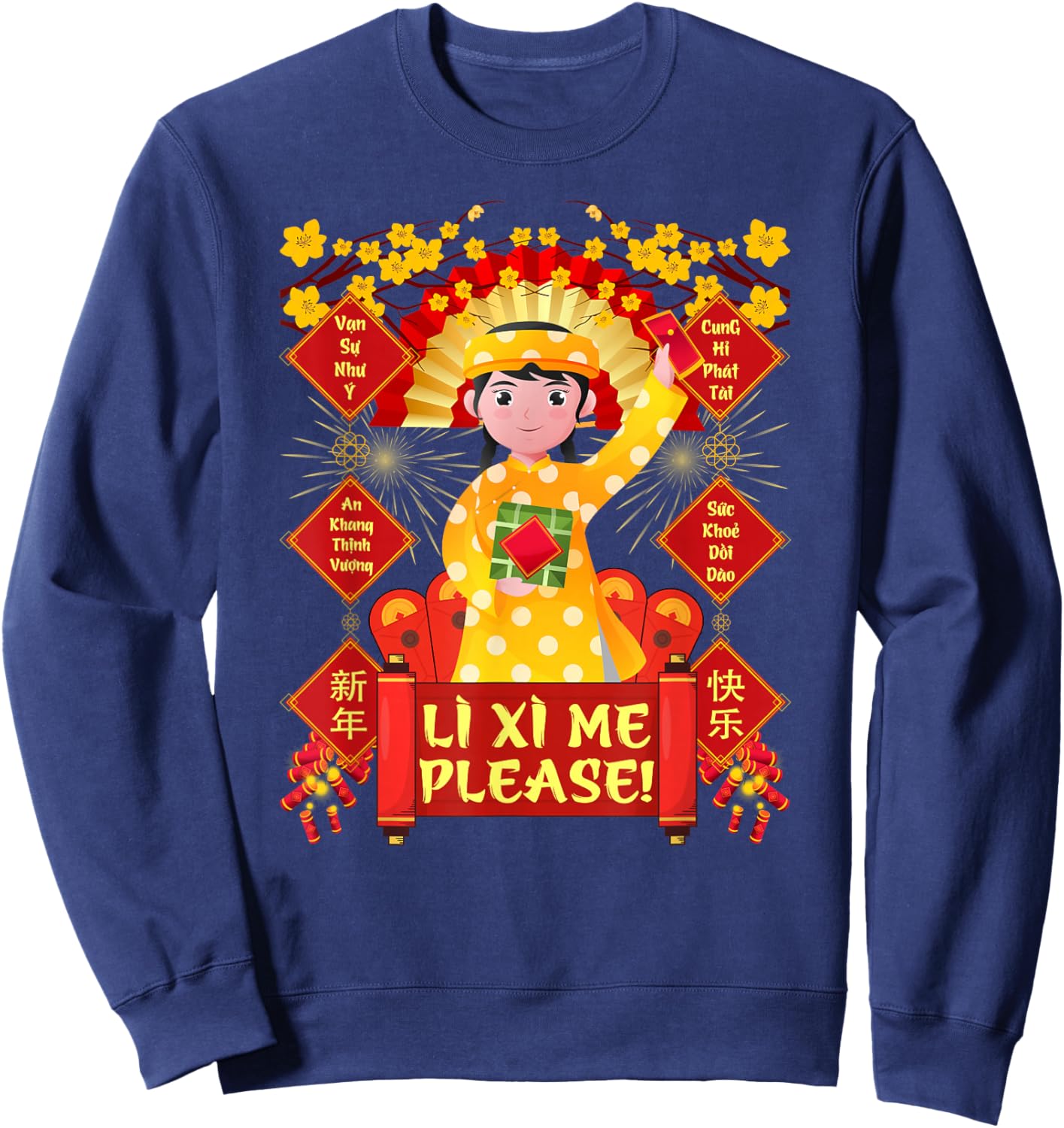 Funny Li Xi Me Please Vietnamese Red Cute Ao Dai Girl Kids Sweatshirt - Sweatshirt | Navy