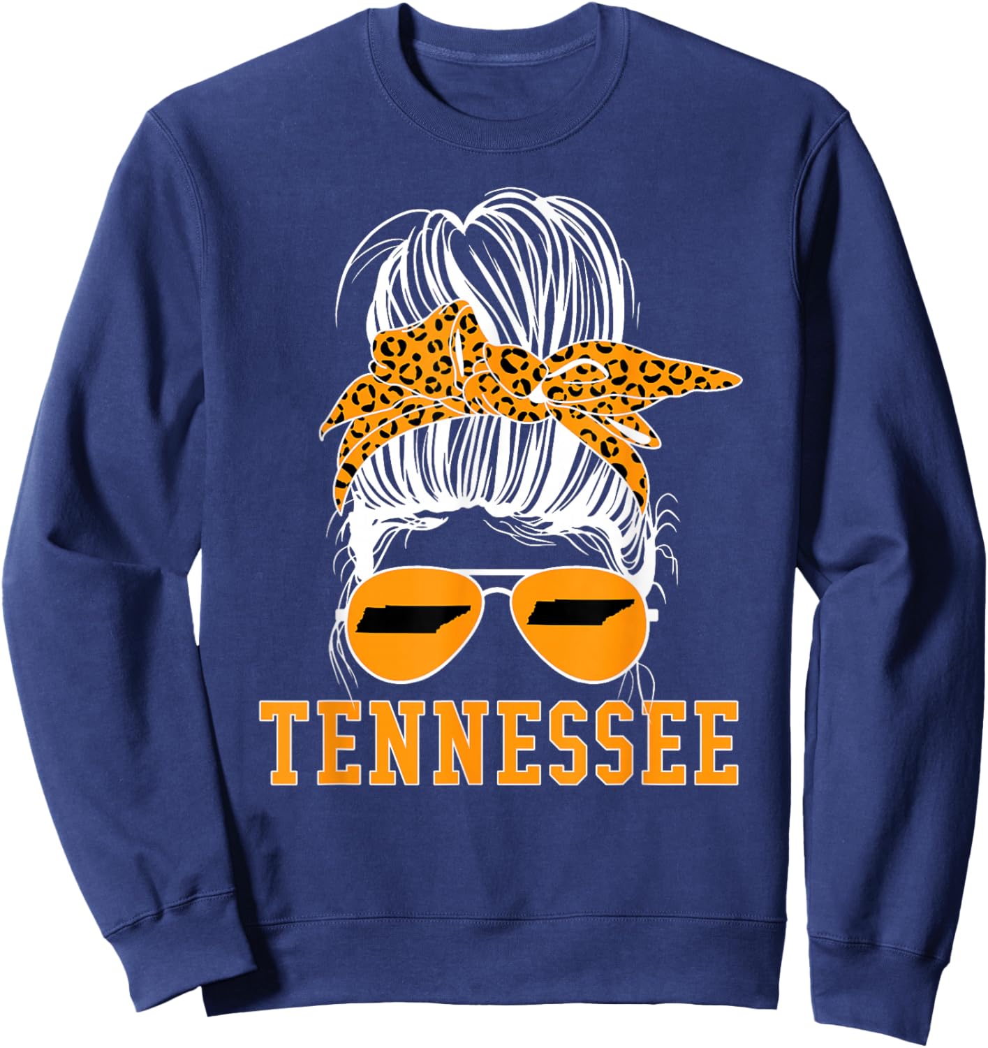 Tennessee TN State Women Leopard Messy Bun Orange Text Sweatshirt - Sweatshirt | Navy