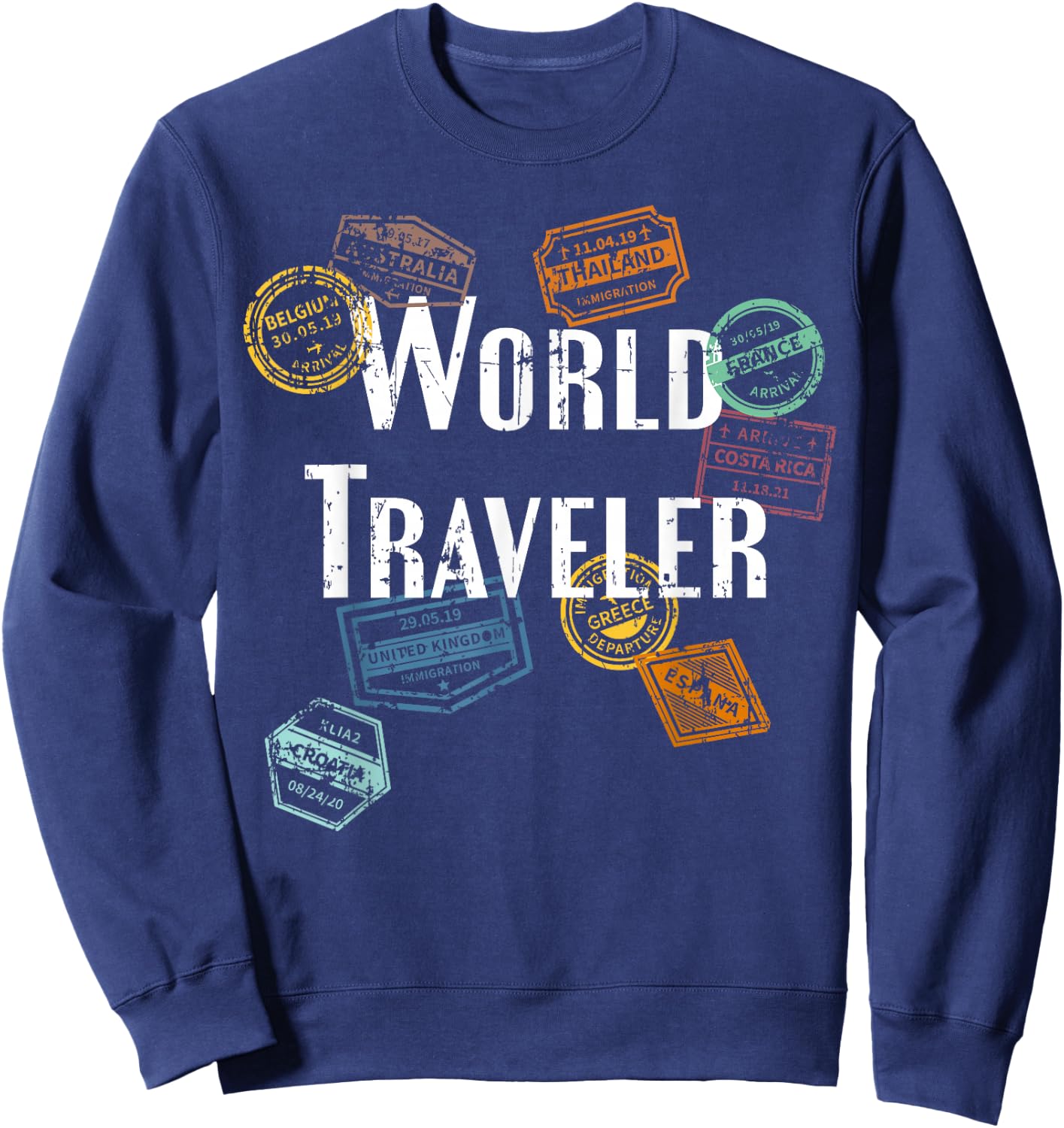 Vintage Distressed World Traveler Passport Stamp Gift Shirt Sweatshirt - Sweatshirt | Navy