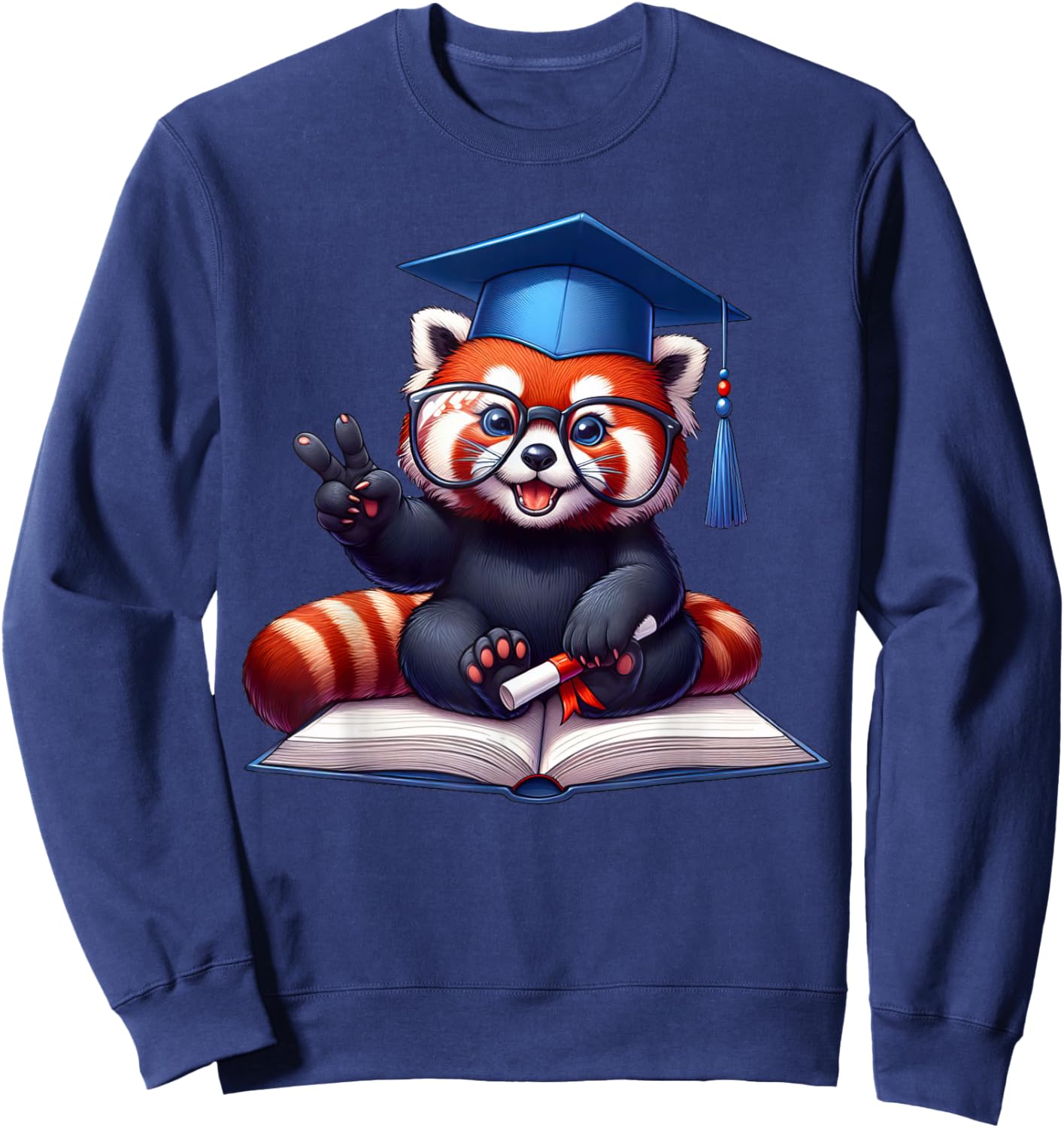 Peace Sign Hand Graduate Red Panda Graduation Sweatshirt - Sweatshirt | Navy