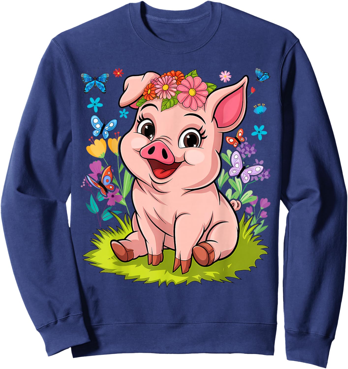 Cute Pig With Flowers I Kids Pig Sweatshirt - Sweatshirt | Navy