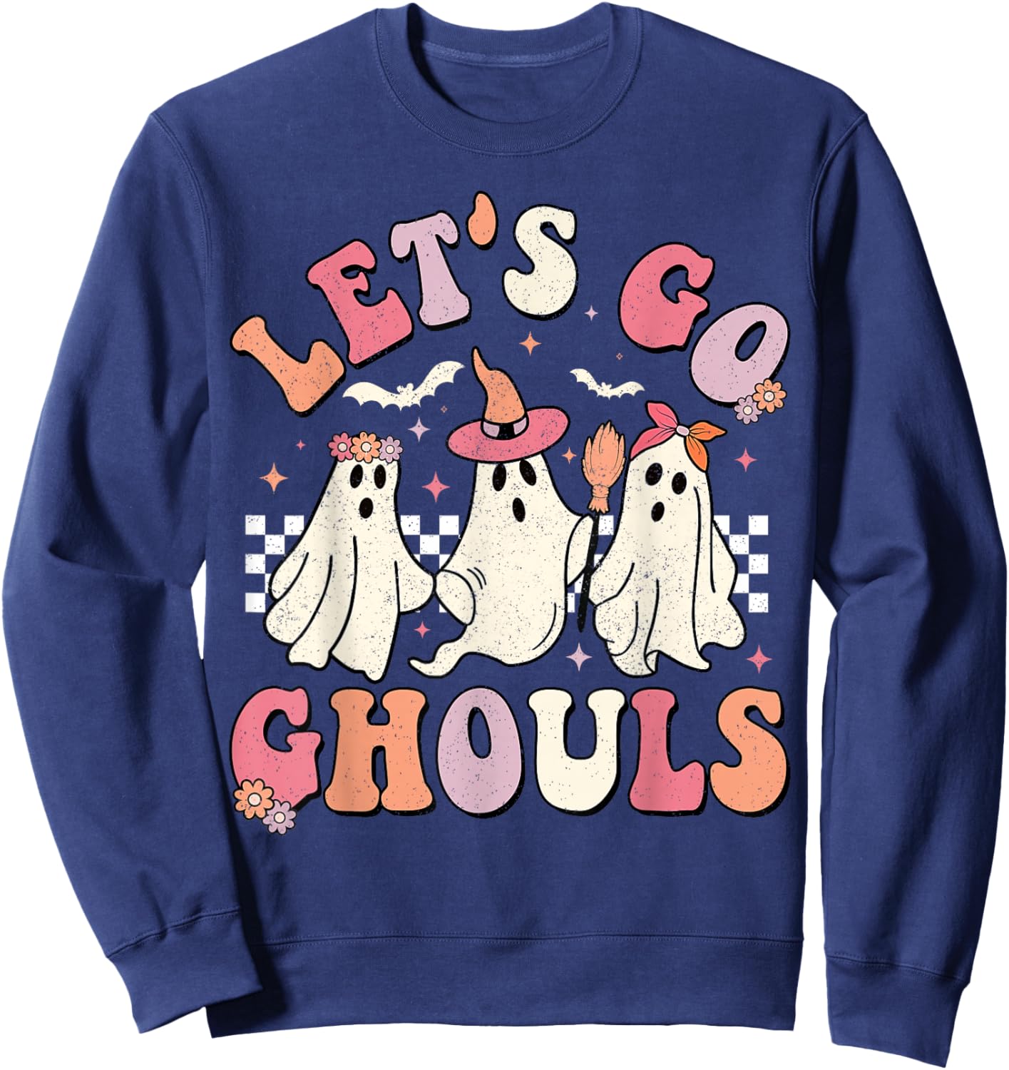 Let's Go Ghouls Halloween Ghost Outfit Costume Retro Groovy Sweatshirt - Sweatshirt | Navy