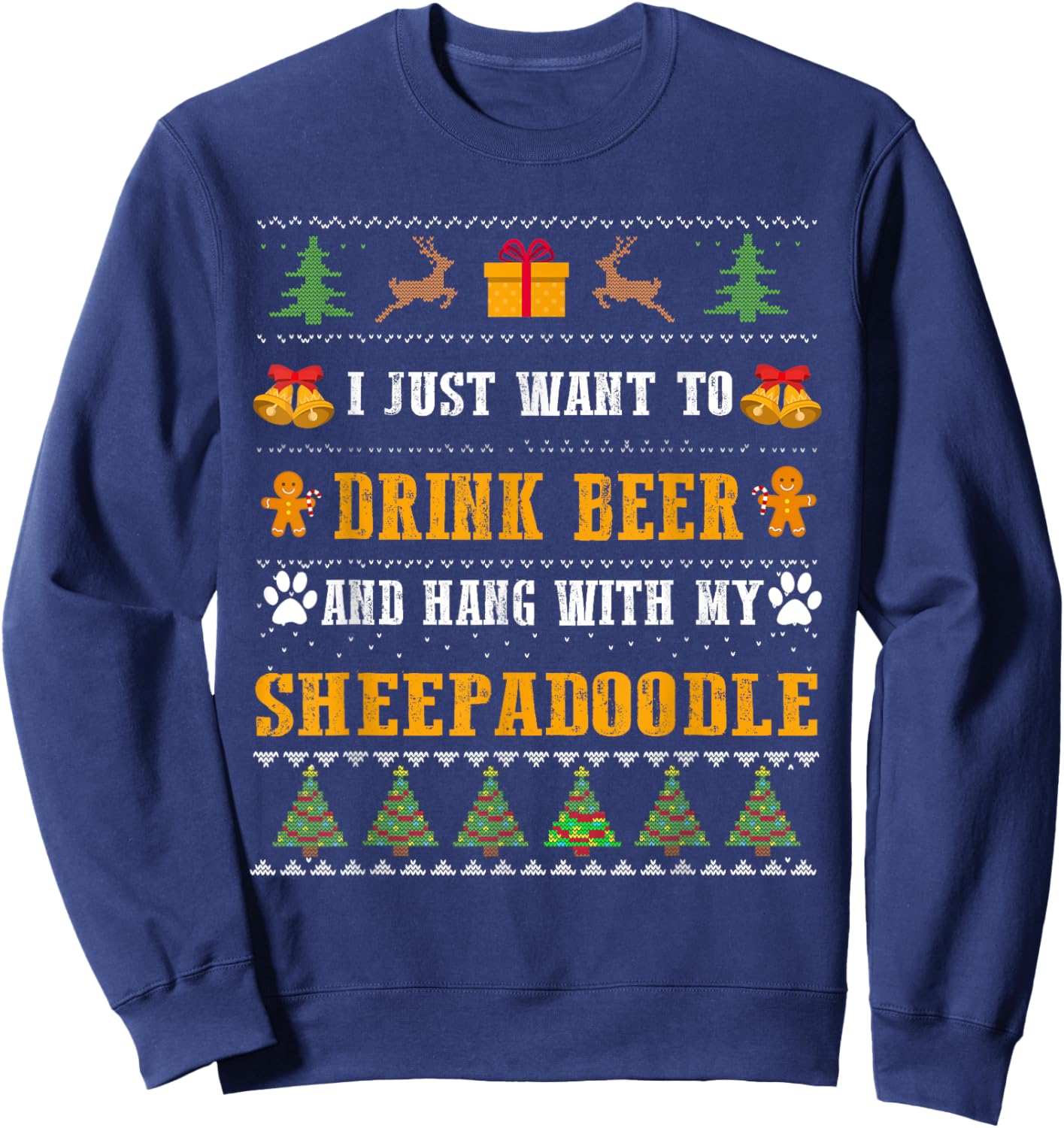 Drink Beer Funny Sheepadoodle Lovers Ugly Christmas Sweater Sweatshirt - Sweatshirt | Navy