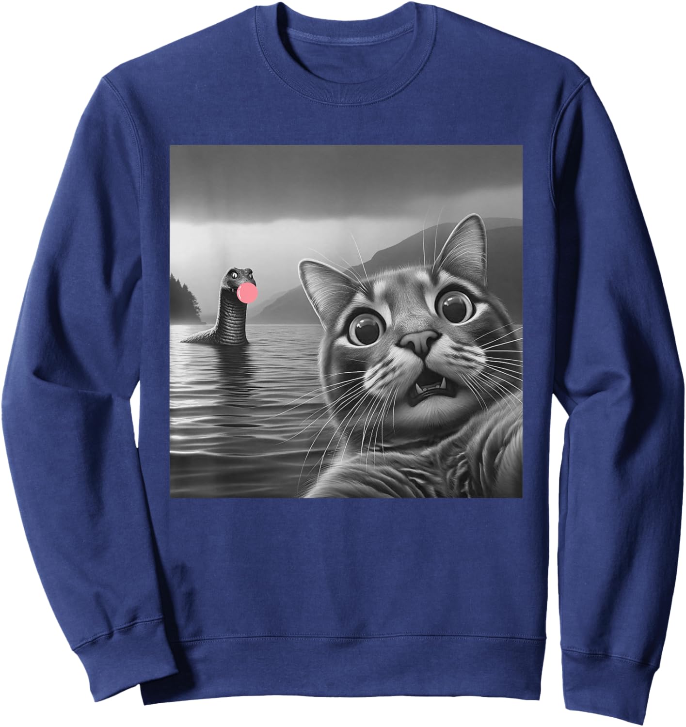 Funny Surprised Cat Selfie with Loch Ness Monster, Bubble Women Girls Kids Sweatshirt - Sweatshirt | Navy