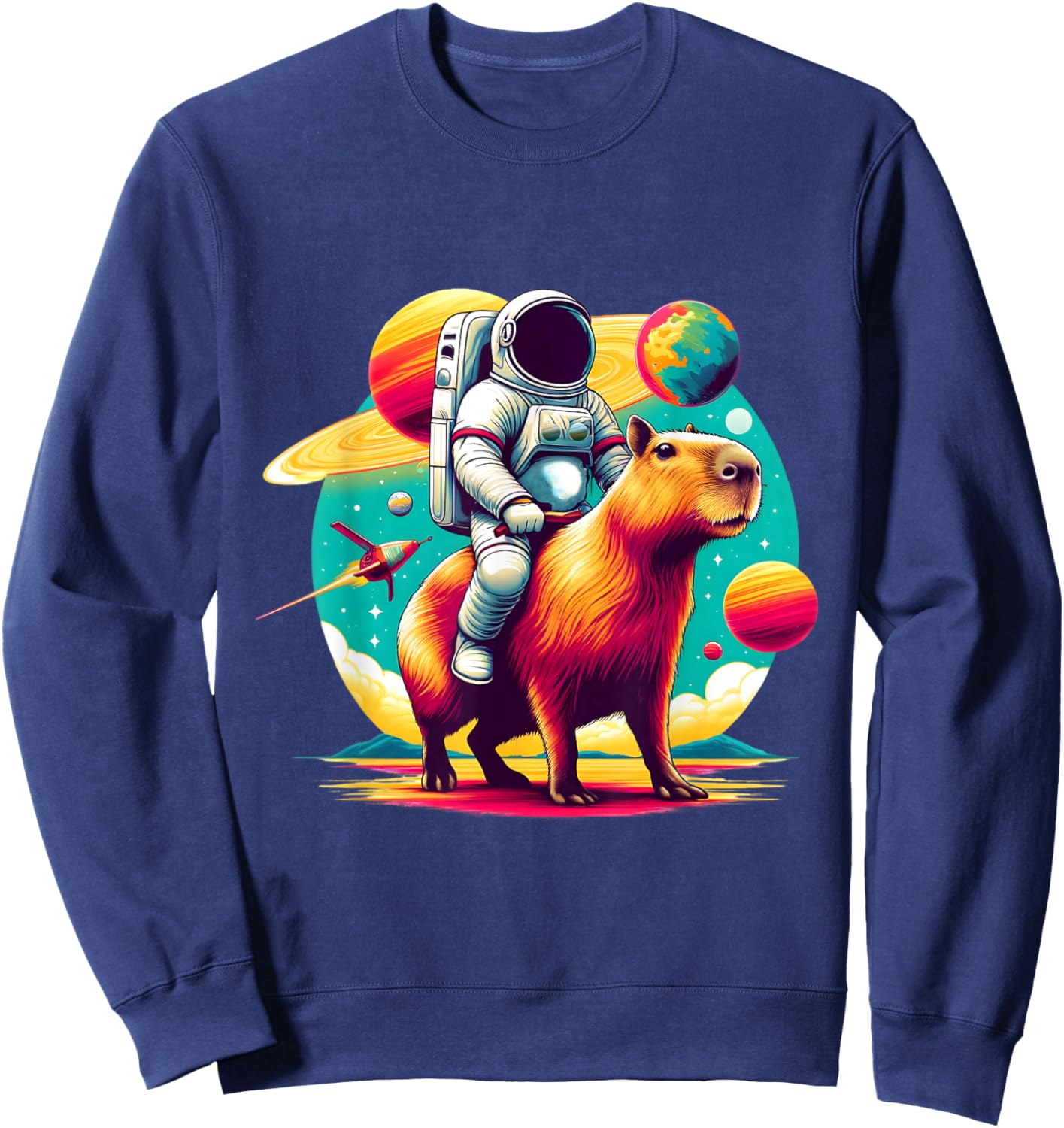 Space Astronaut Riding Capybara Lover Men Boys Funny Graphic Sweatshirt - Sweatshirt | Navy