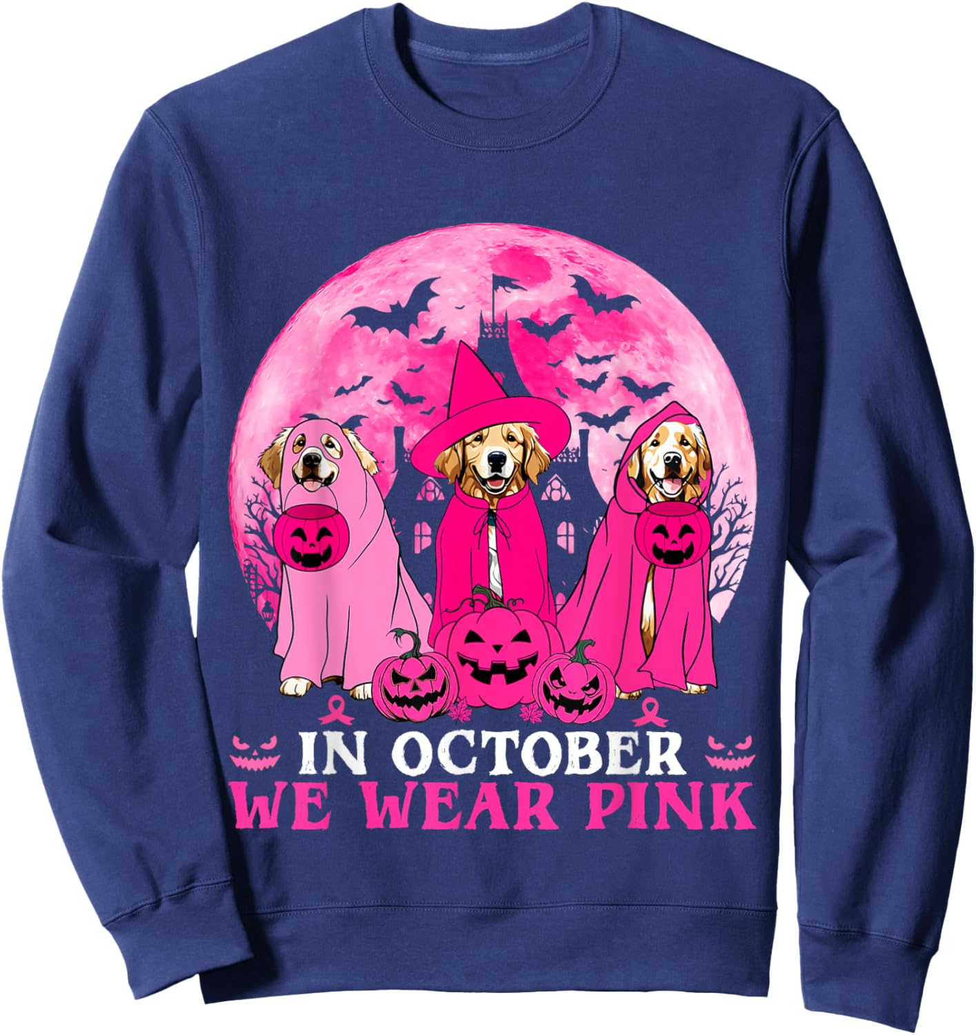 Ghost And Witch Golden Retriever In October We Wear Pink Sweatshirt - Sweatshirt | Navy