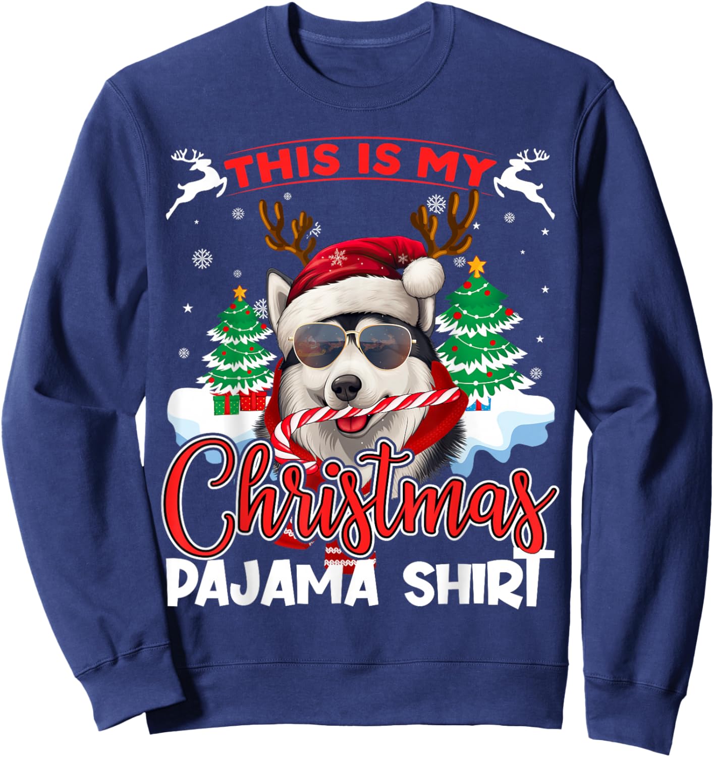 Siberian Husky Santa Christmas Pajama Xmas Family Matching Sweatshirt - Sweatshirt | Navy