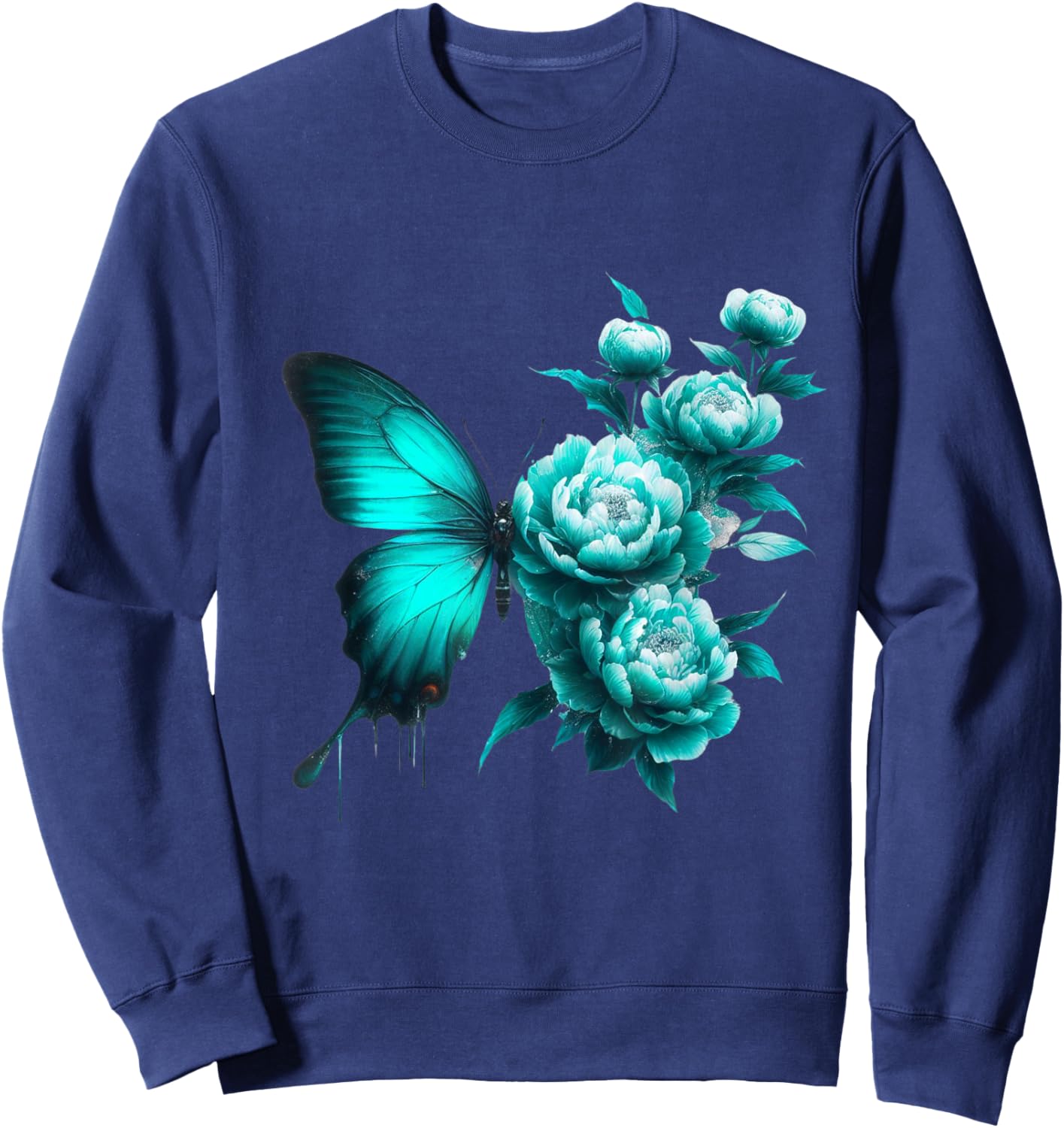 Teal Butterfly Wings Blossoming Floral Turquoise Butterflies Sweatshirt - Sweatshirt | Navy