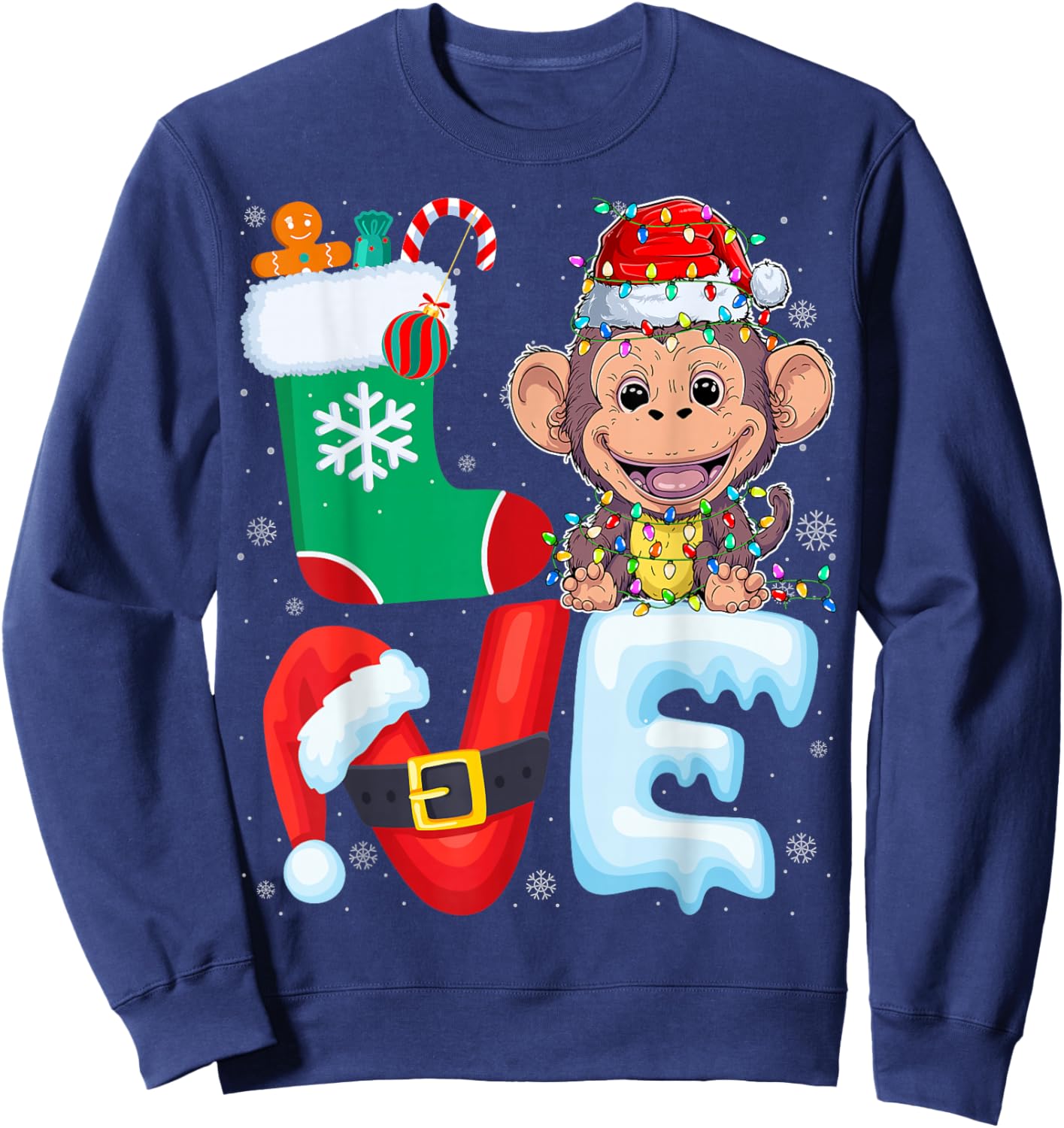 Monkey Wearing Santa Hat Xmas Lights Tree Christmas Monkey Sweatshirt - Sweatshirt | Navy