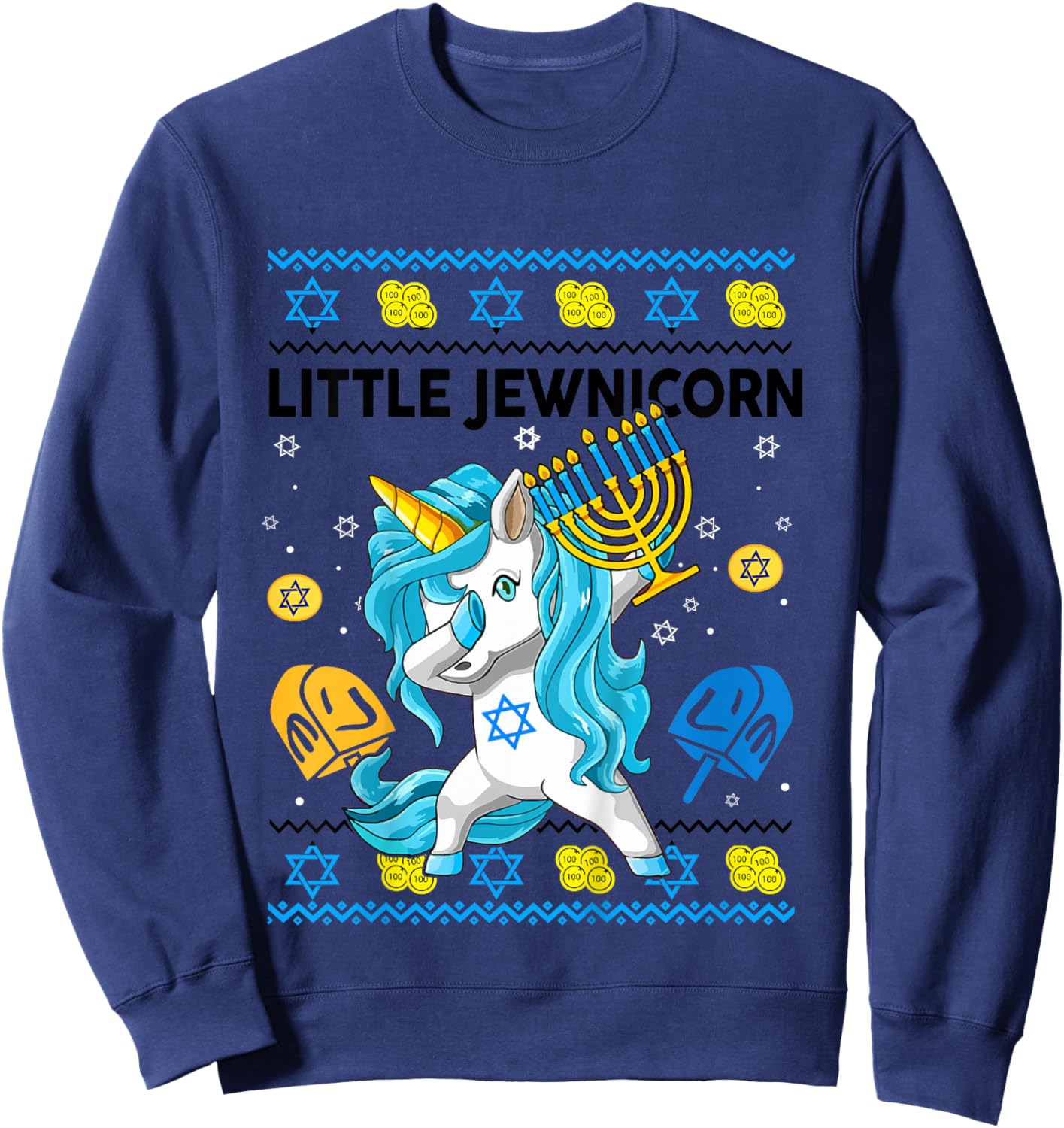 Ugly Hanukkah Sweater Jewnicorn Unicorn Funny Toddler Girl Sweatshirt - Sweatshirt | Navy