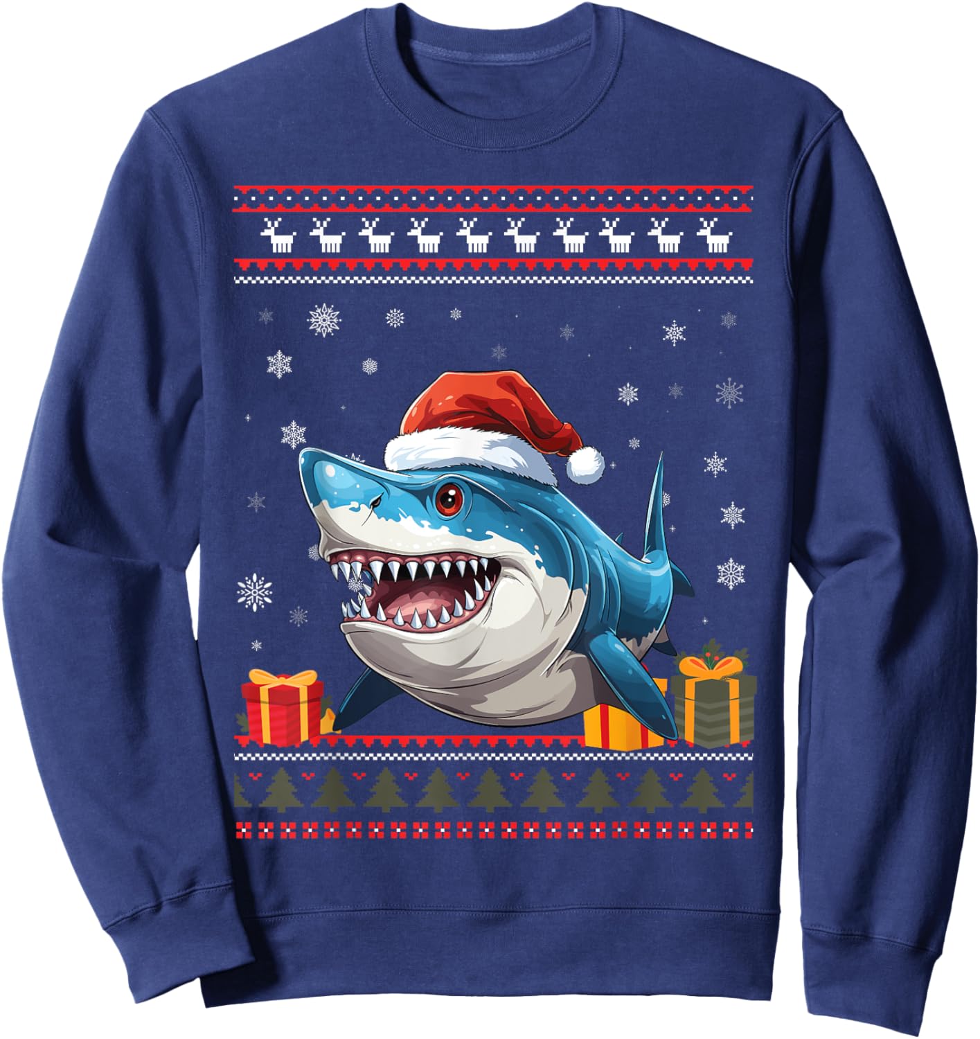 Shark Christmas Santa Hat Ugly Christmas Sweater Sweatshirt - Sweatshirt | Navy