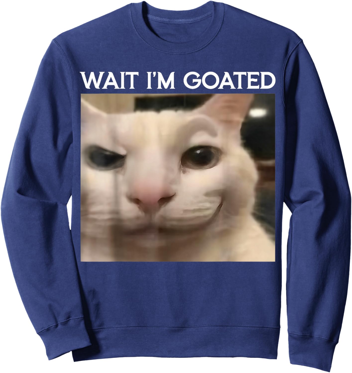 Wait I'm Goated Cat Funny Silly Cat Staring Cat Funny Meme Sweatshirt - Sweatshirt | Navy