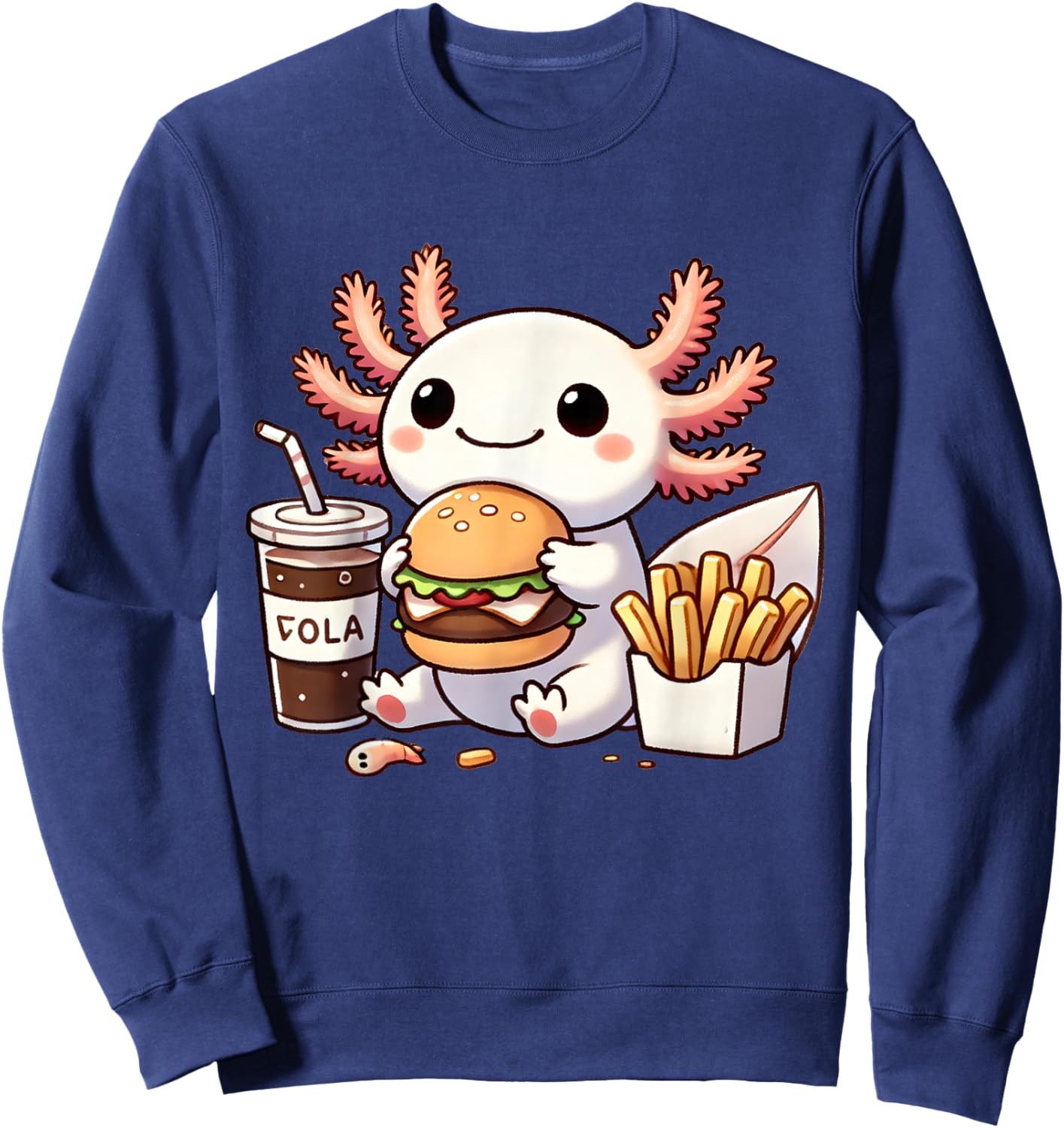 Axolotl with Burger Set, Anime Cute Kawaii Axolotl Sweatshirt - Sweatshirt | Navy