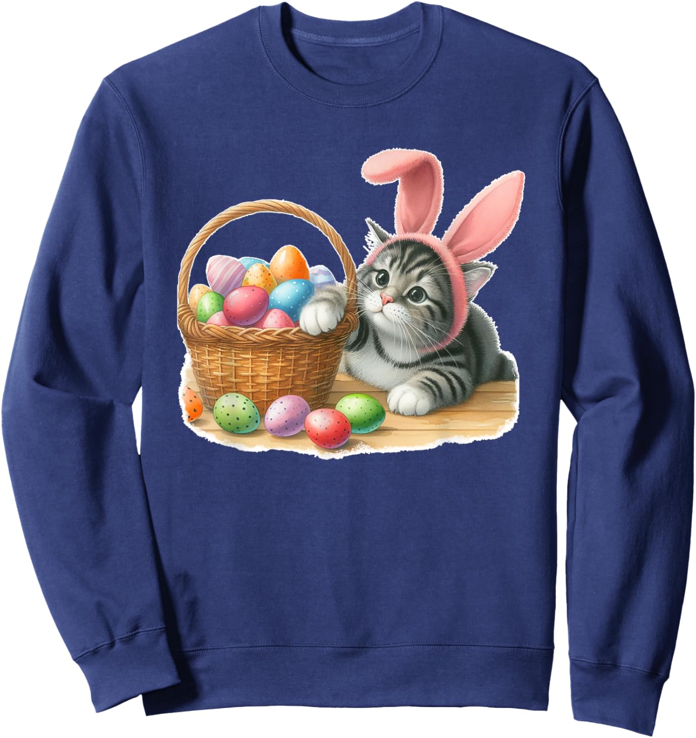 Cute Tabby Striped Gray Grey Kitten Rabbit Ears Easter Eggs Sweatshirt - Sweatshirt | Navy