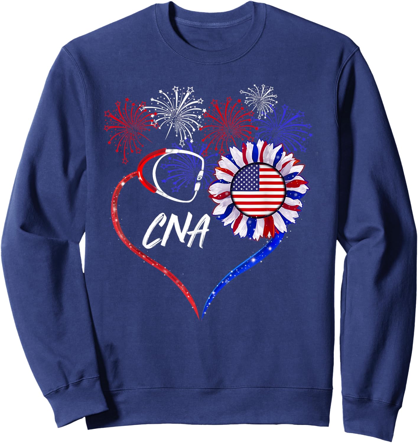 Patriotic Nurse CNA 4th Of July American Flag Sunflower Love Women Men Sweatshirt - Sweatshirt | Navy