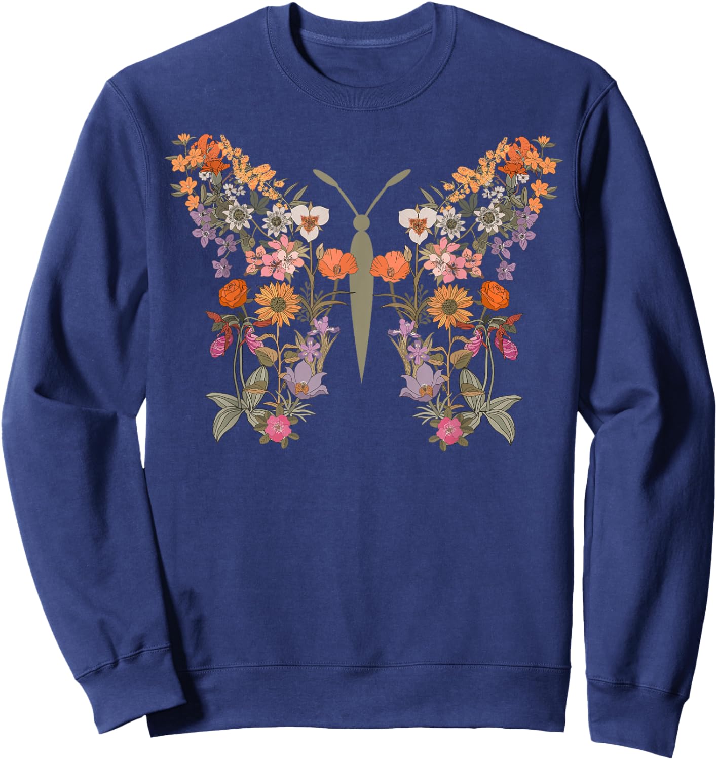 Women Boho Wildflower Summer Flowers Butterfly Shape Graphic Sweatshirt - Sweatshirt | Navy