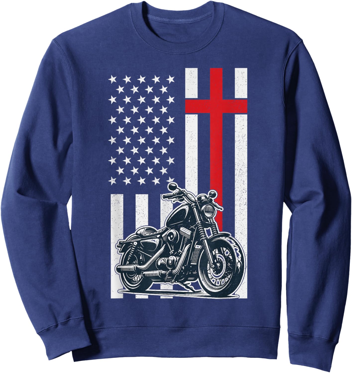 Christian Biker Motorcycle American Flag Cross Sweatshirt - Sweatshirt | Navy