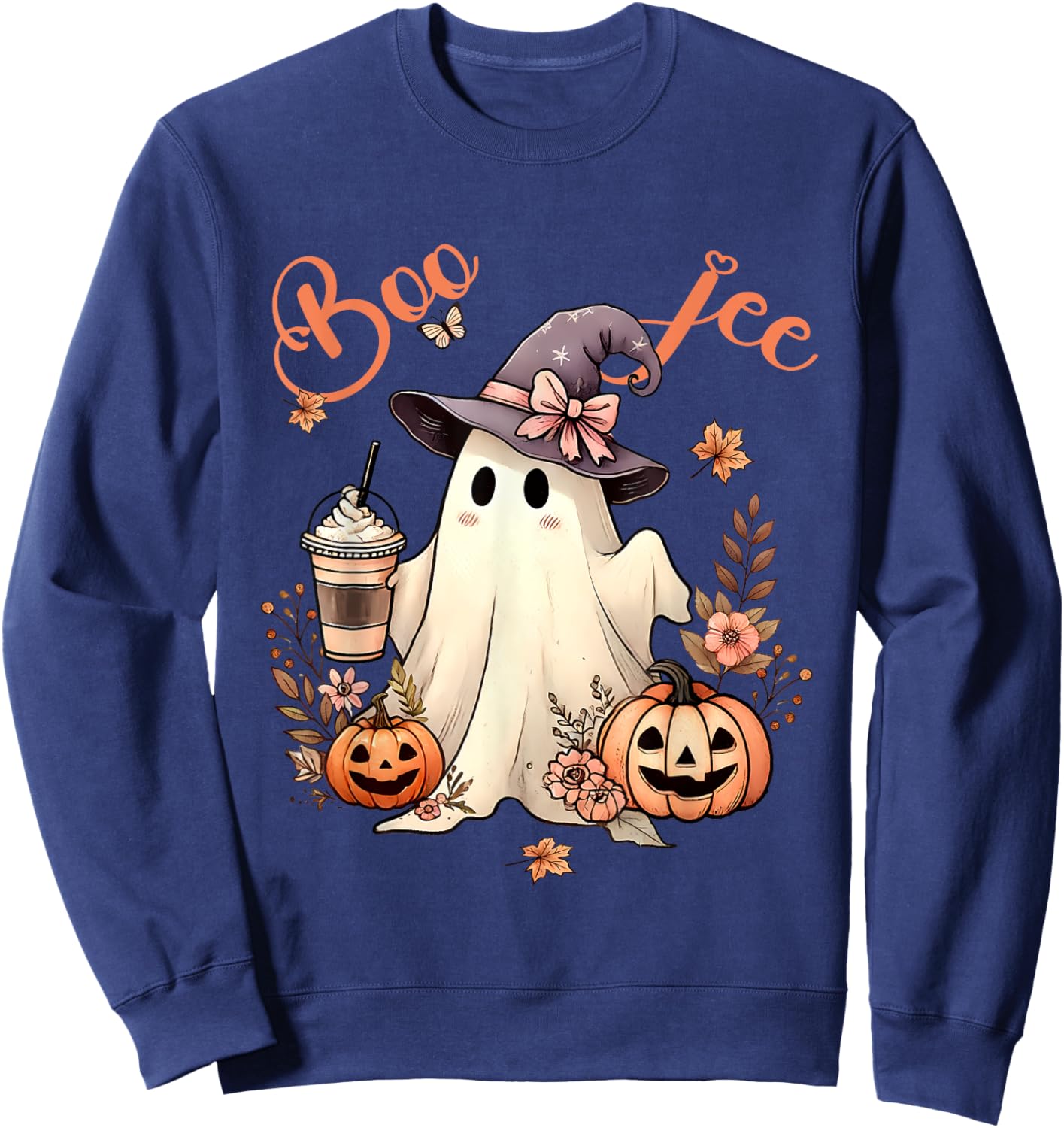 Boo Jee Ghost Drinking Coffee Coquette Bow Halloween Women Sweatshirt - Sweatshirt | Navy